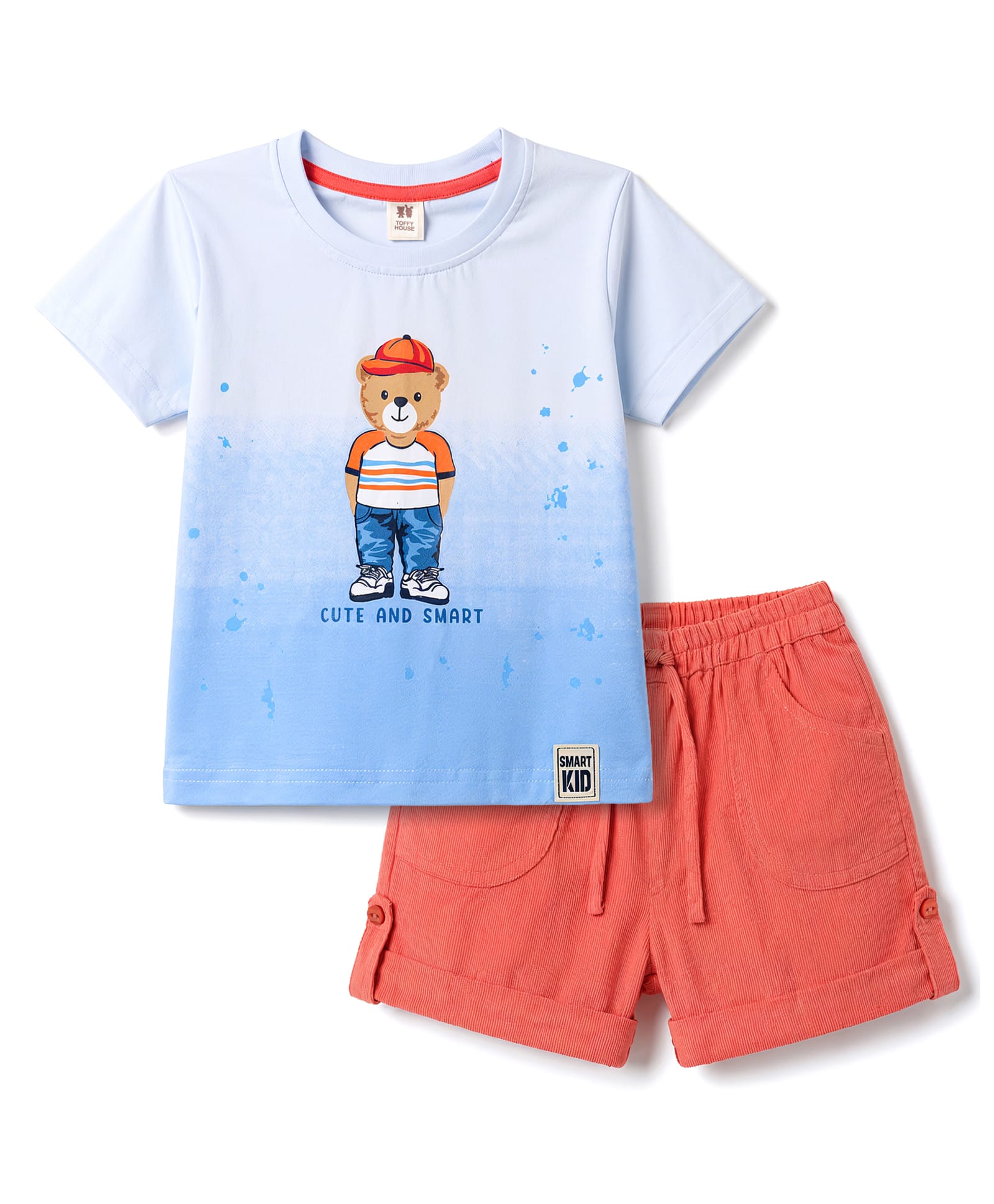 ToffyHouse Knitted Half Sleeve T-Shirt & Shorts Set with Bear Print - Peach-image-4