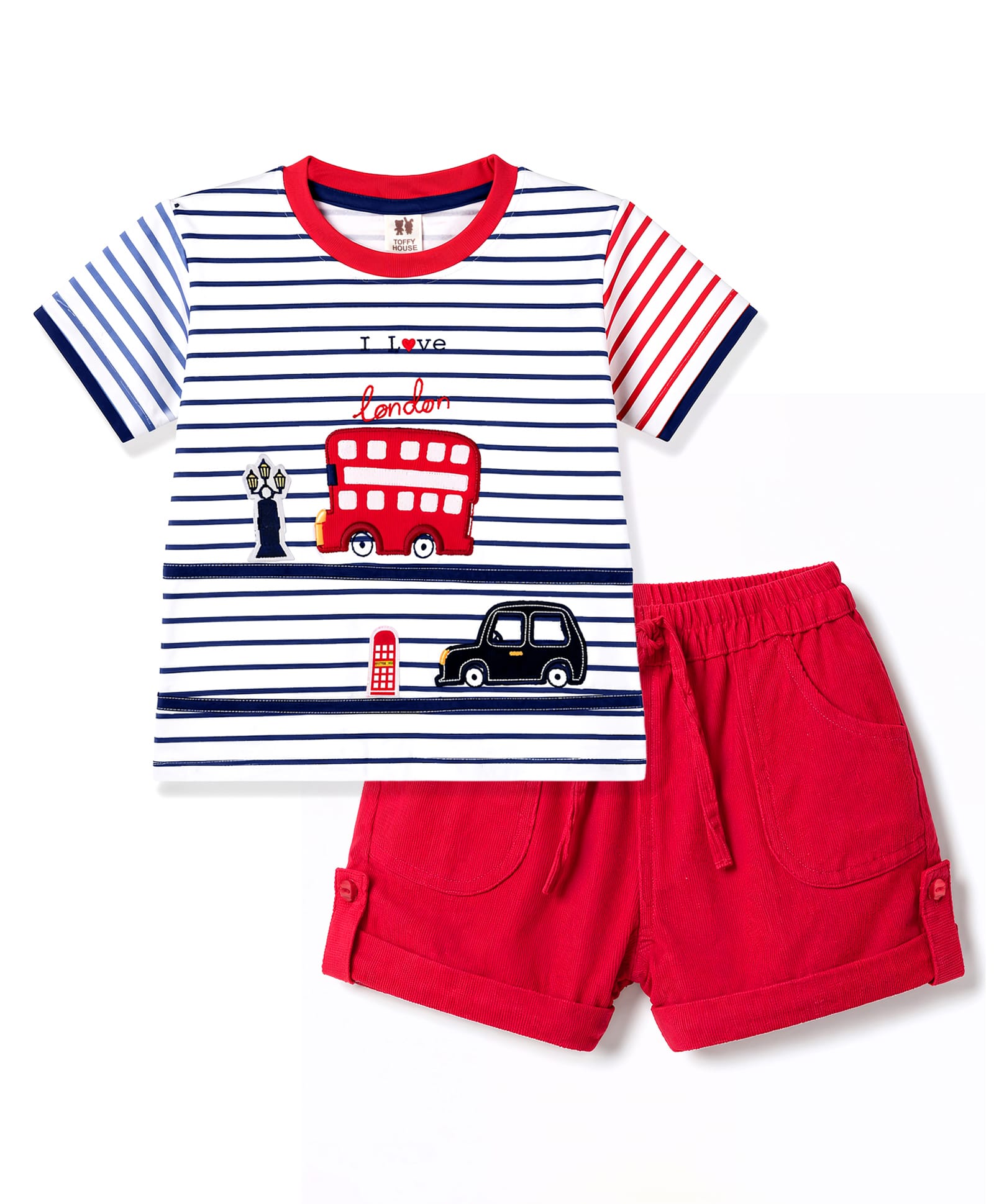 ToffyHouse Knitted Half Sleeves Striped T-Shirt & Shorts Set with Vehicle Embroidery - Red-picture-28