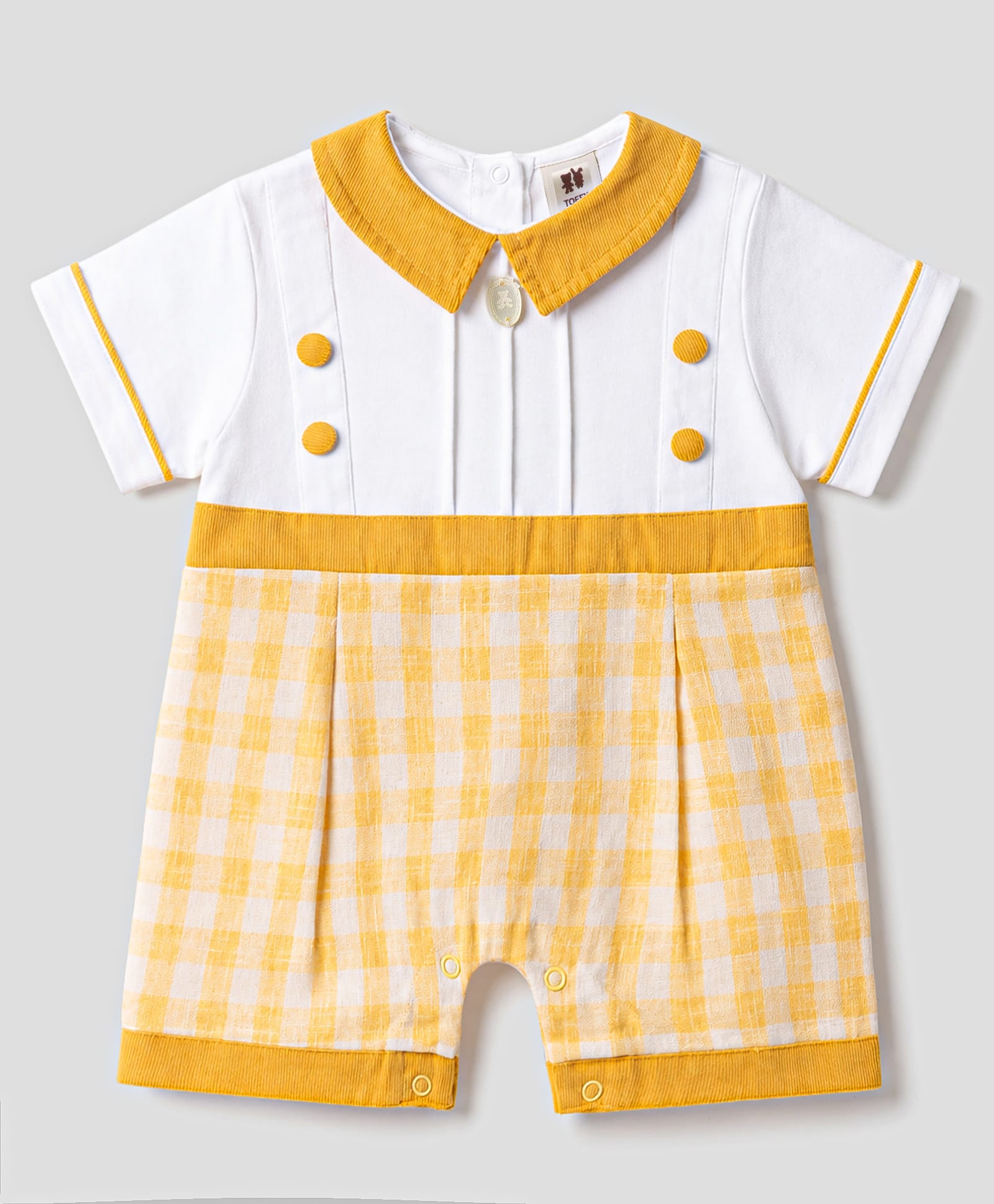 ToffyHouse Knitted Woven Half Sleeves Checks Romper - Yellow-picture-35