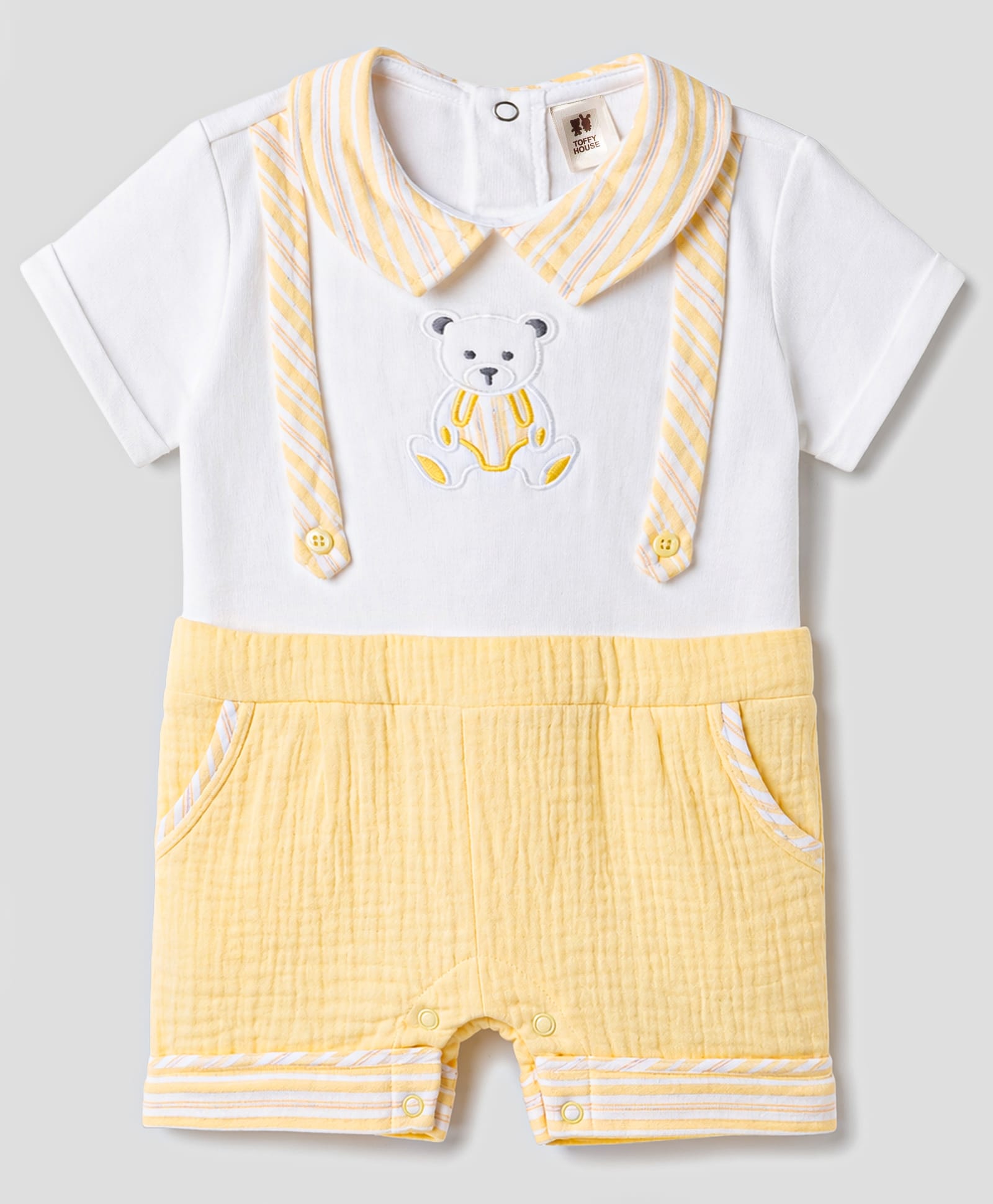 ToffyHouse Knitted Woven Half Sleeves Romper With Bear Embroidery - Lemon Yellow-image-3