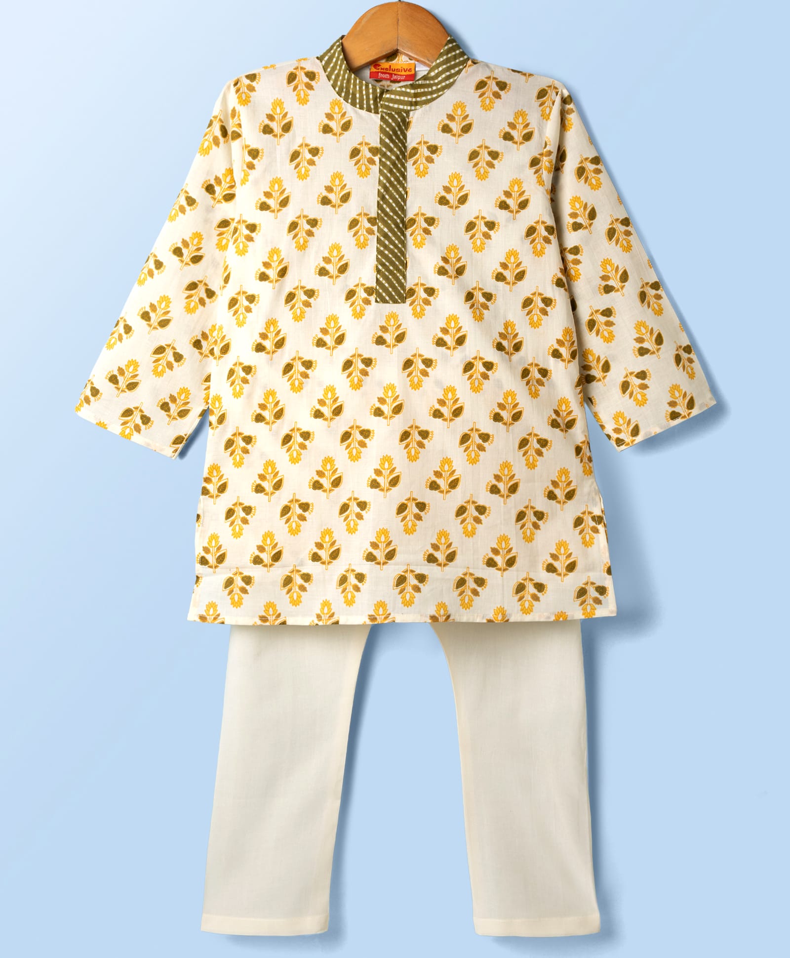 Exclusive From Jaipur Cotton Woven Full Sleeves Floral Printed Kurta Pajama Set - White-image-30
