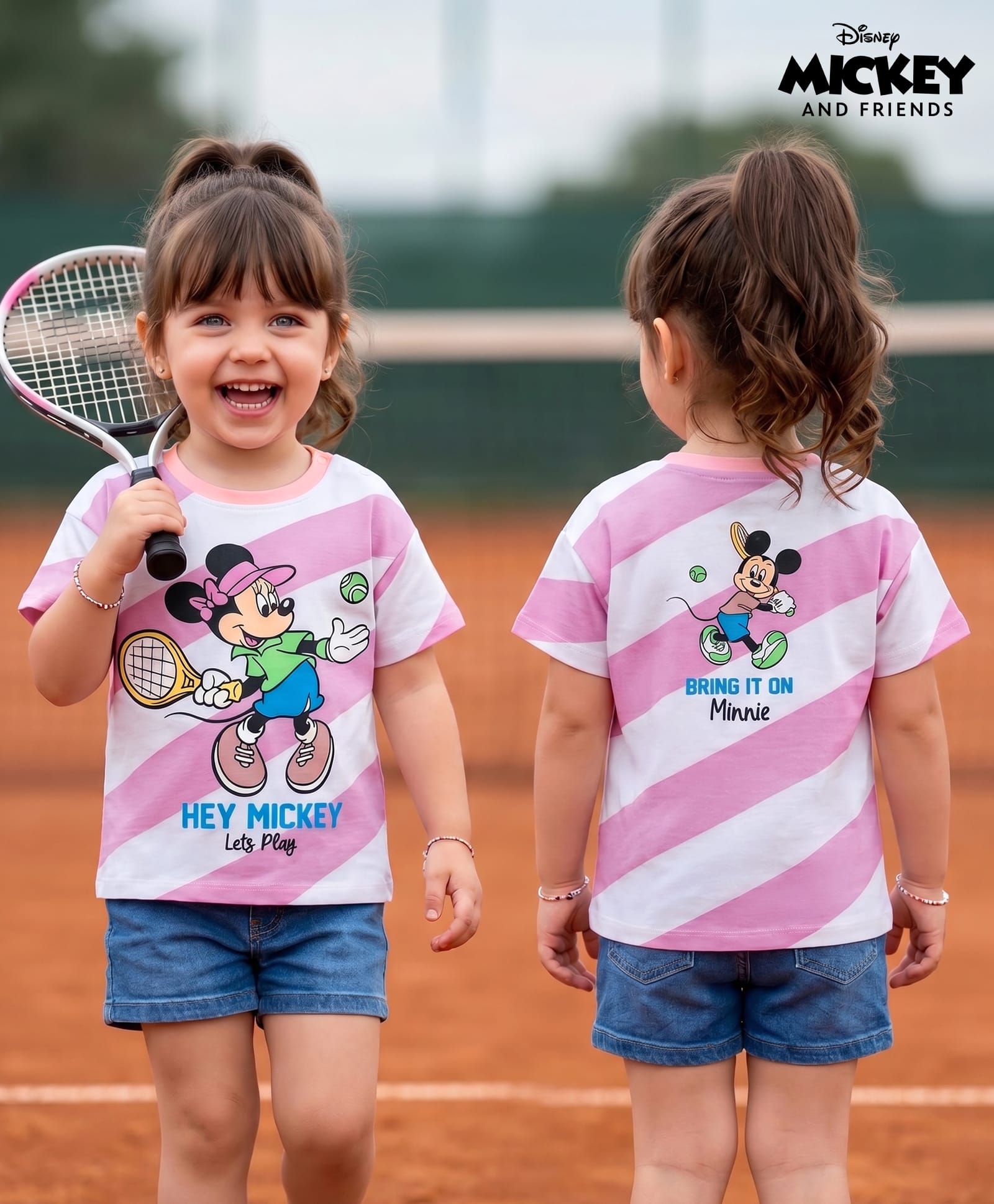 Bonfino Disney Single Jersey Knit Drop Shoulder Sleeves Striped T-Shirt With Front & Back Minnie Mouse Graphics - Multicolor-picture-15