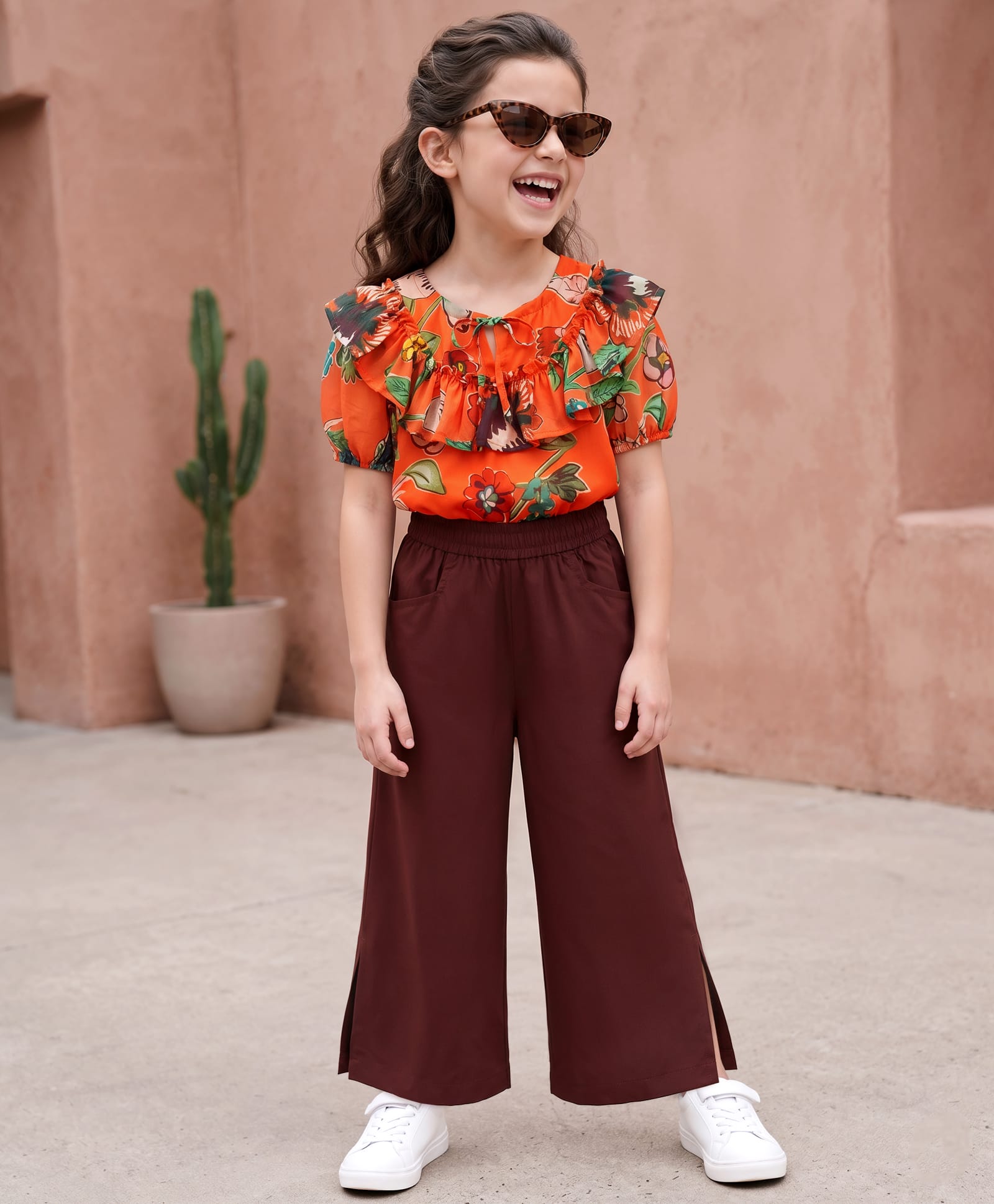 OLLINGTON ST. Georgette Woven Half Sleeve Floral Printed Top & Culottes Set - Multicolour & Brown-image-5