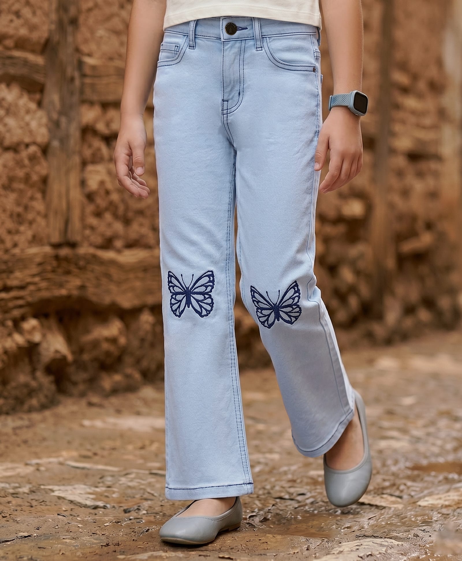 Pine Kids Denim Woven Full Length Butterfly Embroidered Washed Jeans - Blue-picture-22