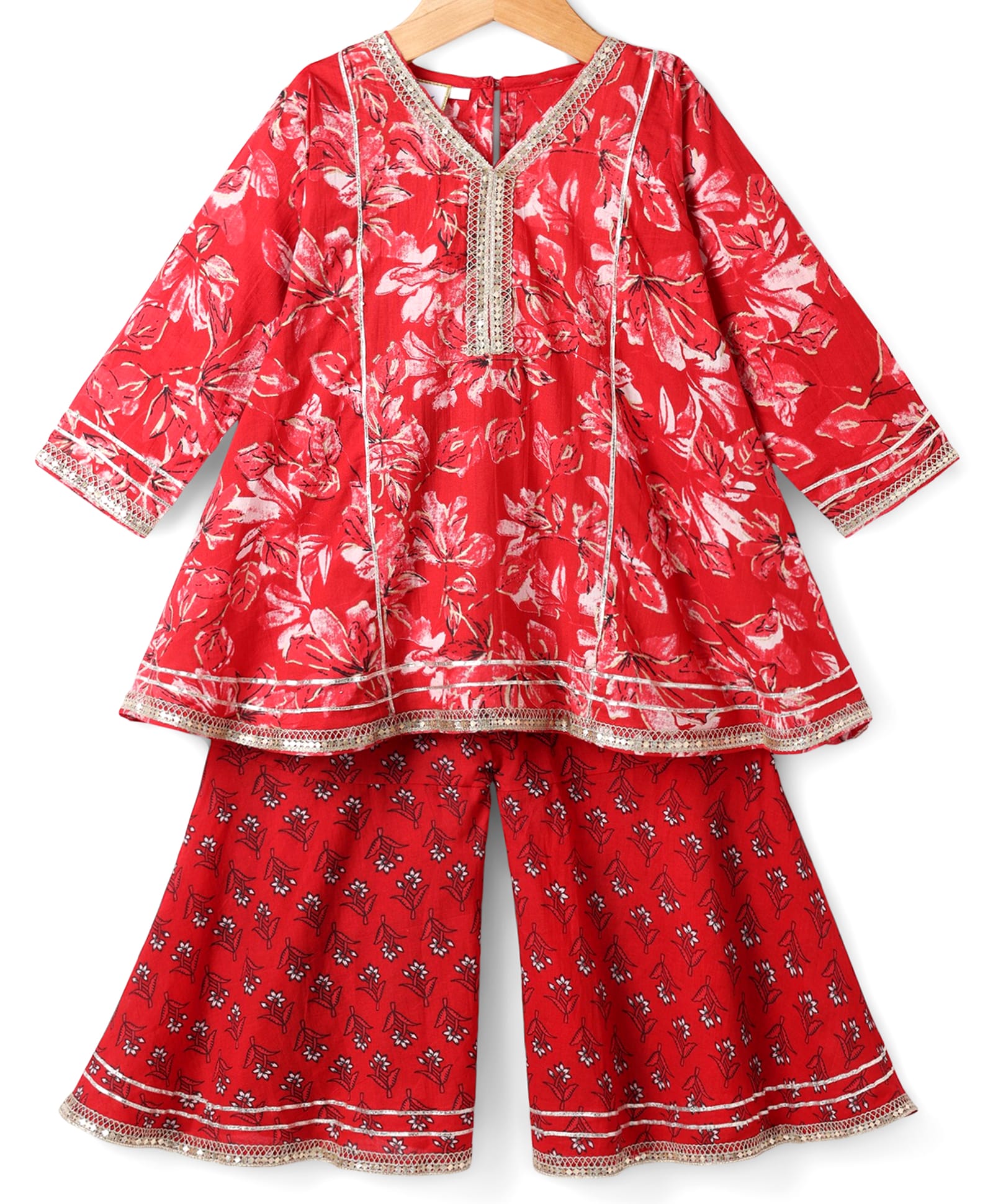Teentaare Cotton Woven Three Forth Sleeves Floral Printed Kurta & Sharara Set - Red-image-39