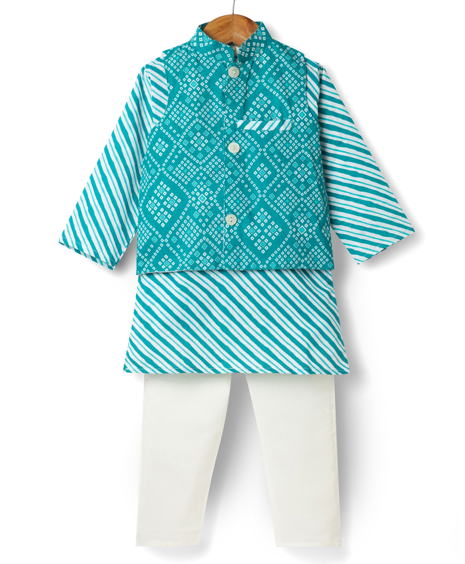 Teentaare Cotton Woven Full Sleeves Striped Kurta & Pyjama Set With Bandhani Printed Jacket - Teal Blue-image-44