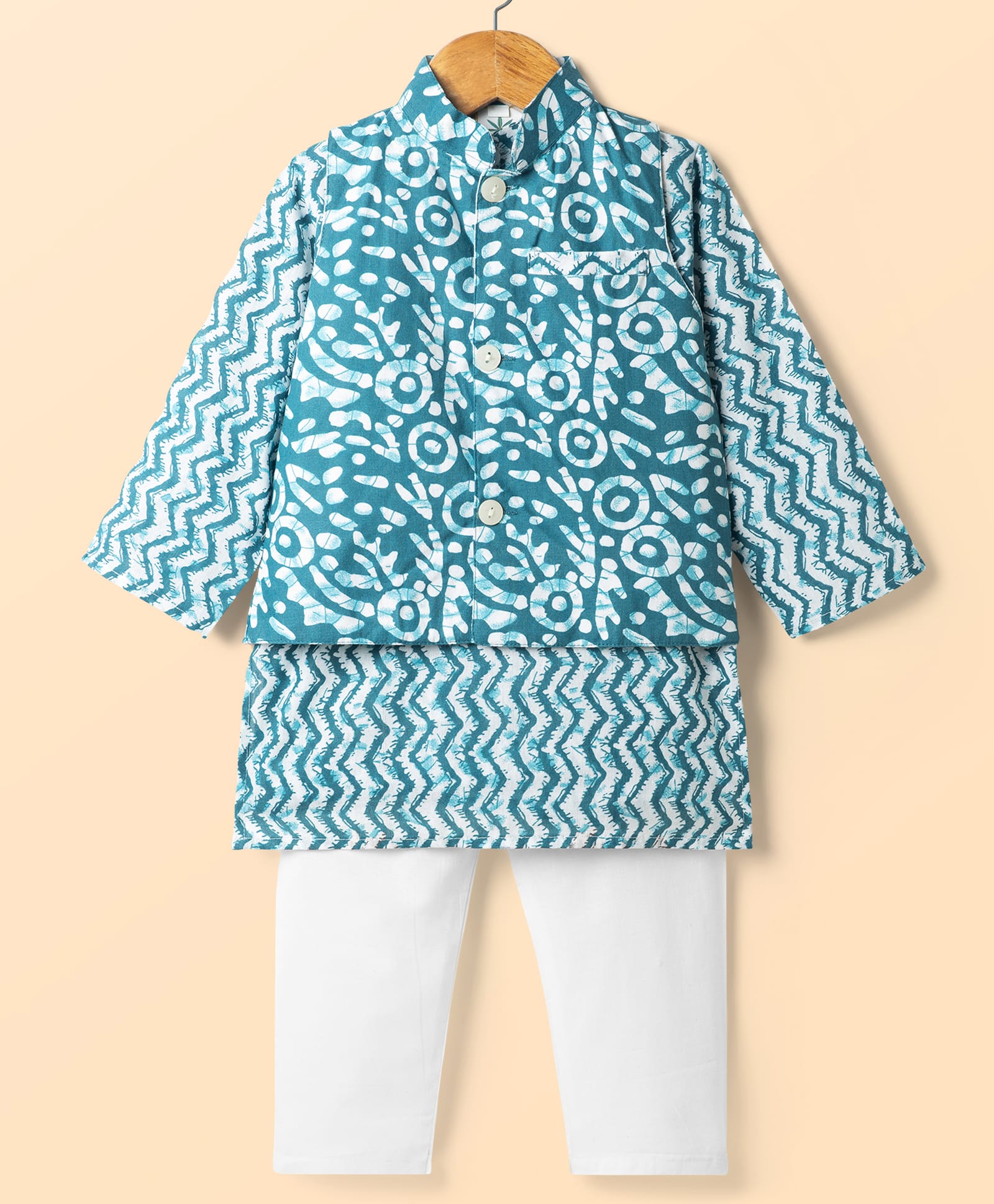 Teentaare Cotton Woven Full Sleeves Striped Kurta Pyjama Set With Jacket - Teal Blue-image-17