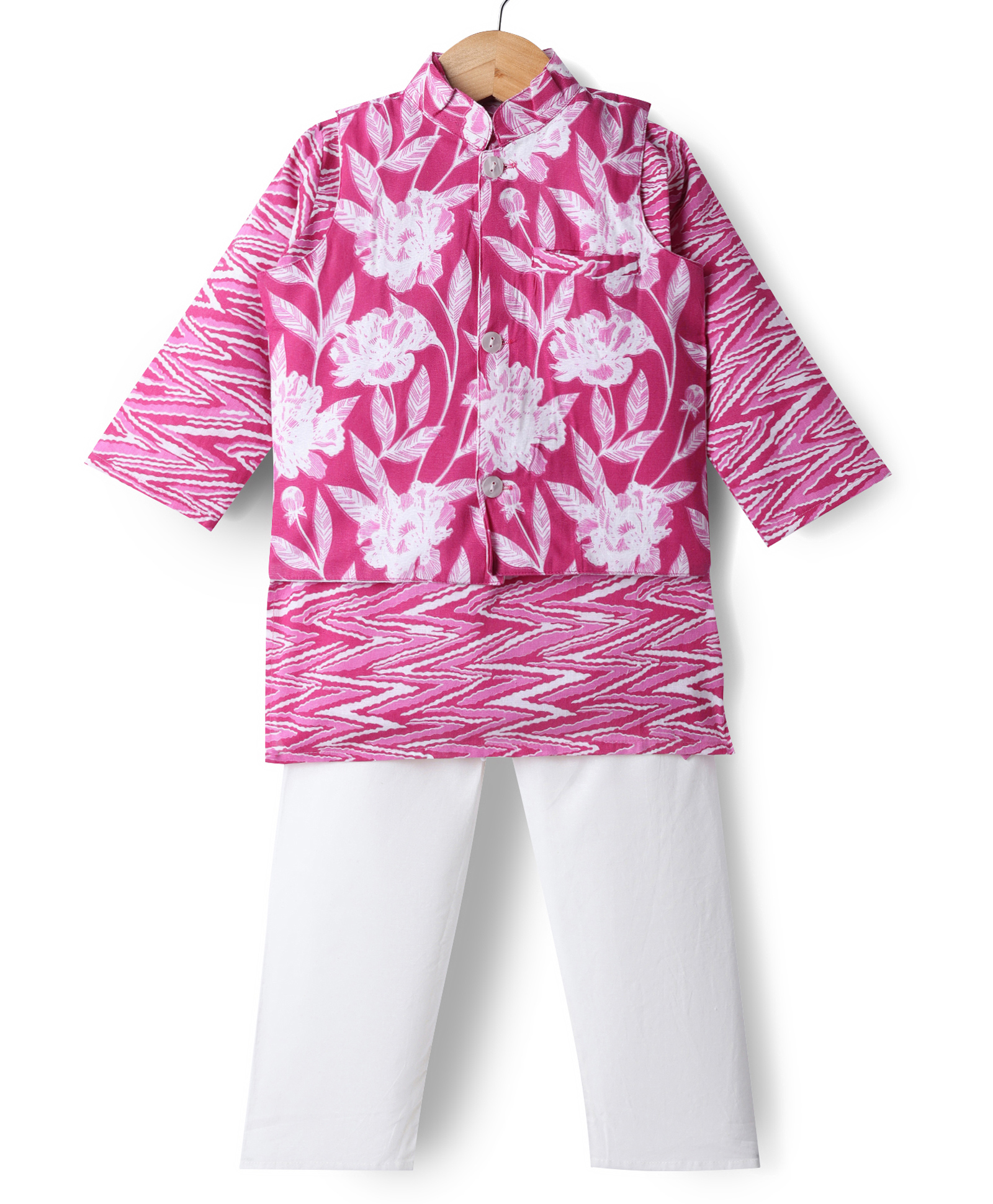 Teentaare Cotton Woven Full Sleeves Striped Kurta & Pyjama Set With Floral Printed Jacket - Pink-image-17