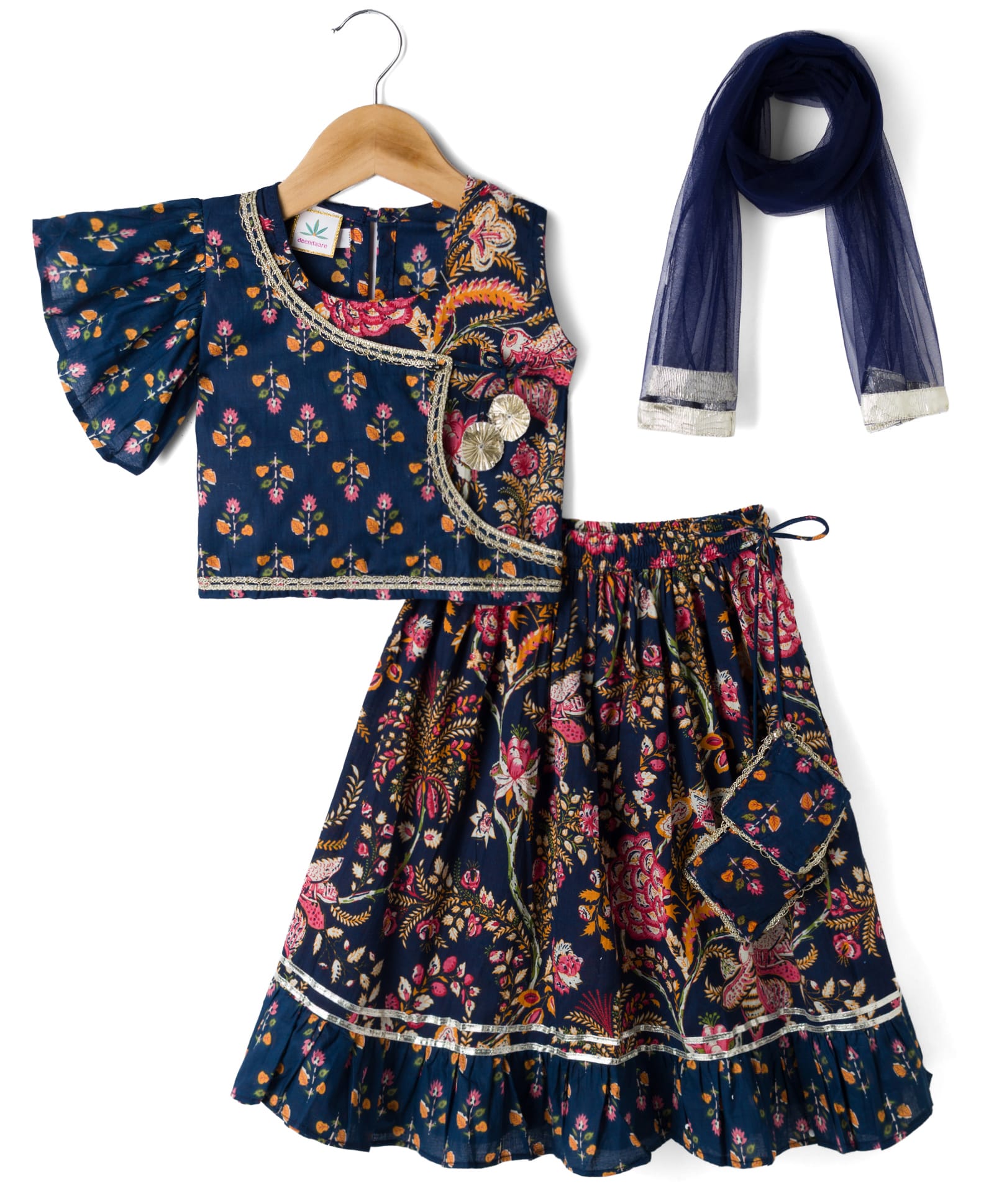 Teentaare Cotton Woven Sleeveless Choli With Lehenga & Dupatta Floral Print - Navy Blue-image-39