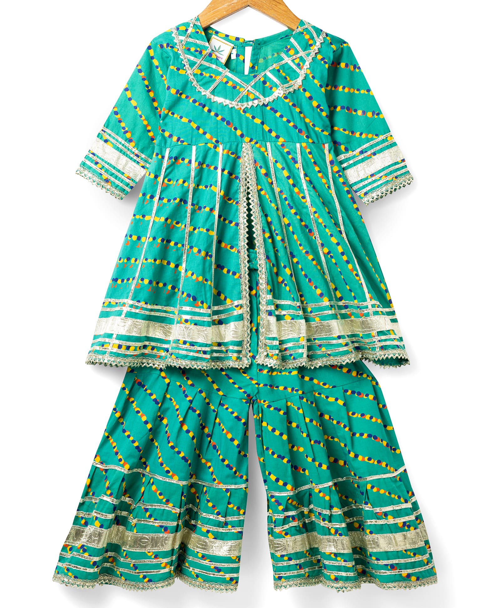 Teentaare Cotton Woven Three Forth Sleeves Polka Dots Printed Kurta & Sharara Set With Lace Detailing -Green-image-17