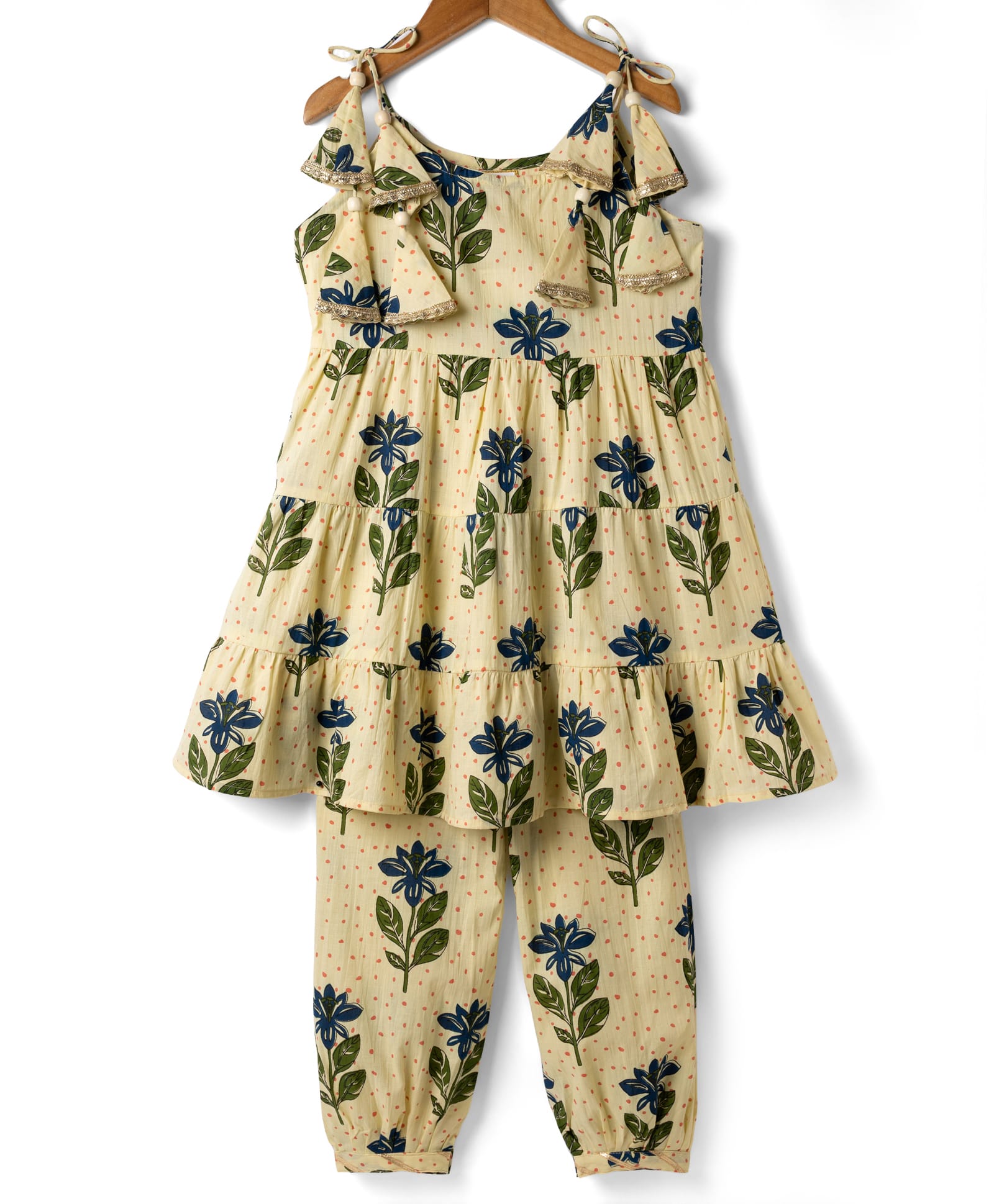 Teentaare Cotton Woven Sleeveless Floral Printed Co-Ords Kurti & Salwar Set - OffWhite & Navy Blue-image-43