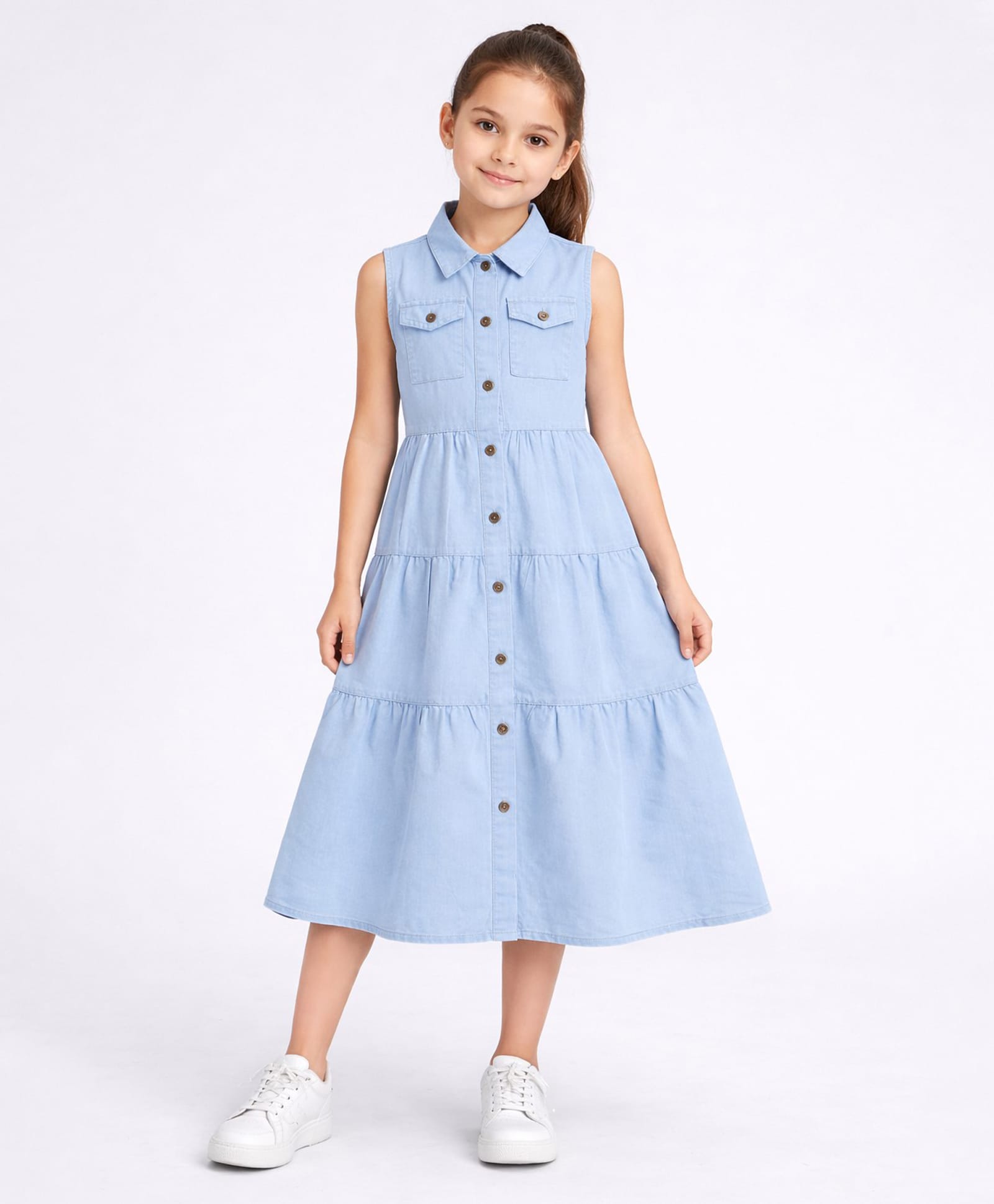 Aww Hunnie Denim Woven Sleeveless Tiered Dress - Sky Blue-image-30