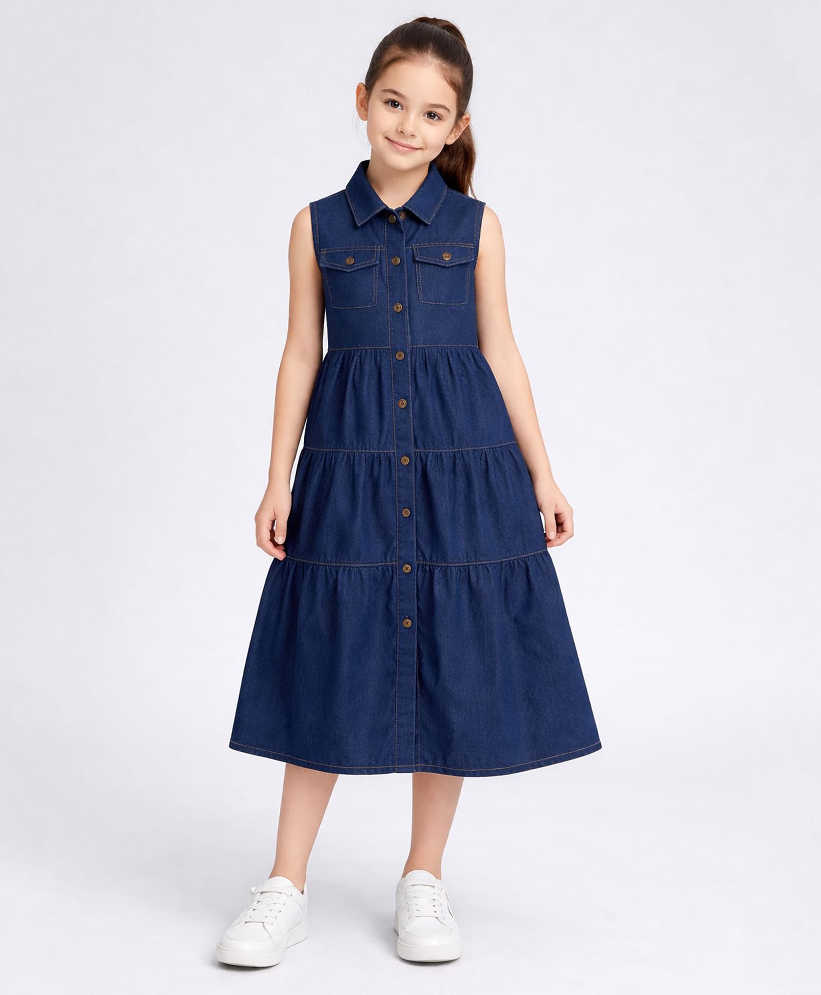 Aww Hunnie Denim Woven Sleeveless Tiered Dress - Navy Blue-image-29