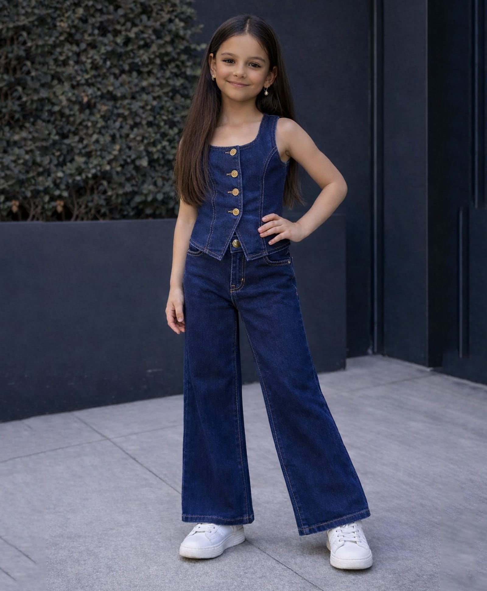 Aww Hunnie Denim Woven Sleeveless Solid Top & Pants - Navy Blue-image-9