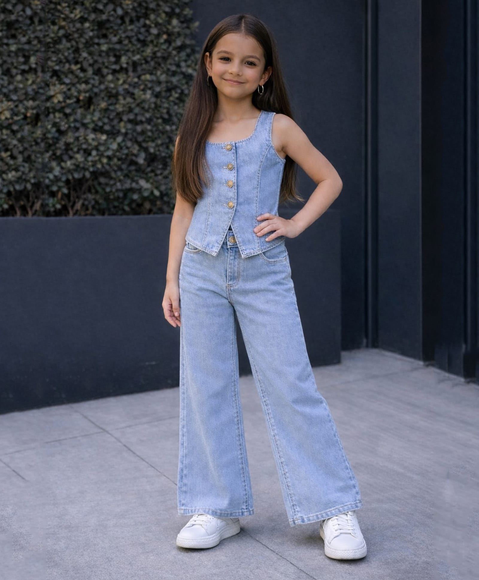 Aww Hunnie Denim Woven Sleeveless Solid Top & Pants - Sky Blue-image-10