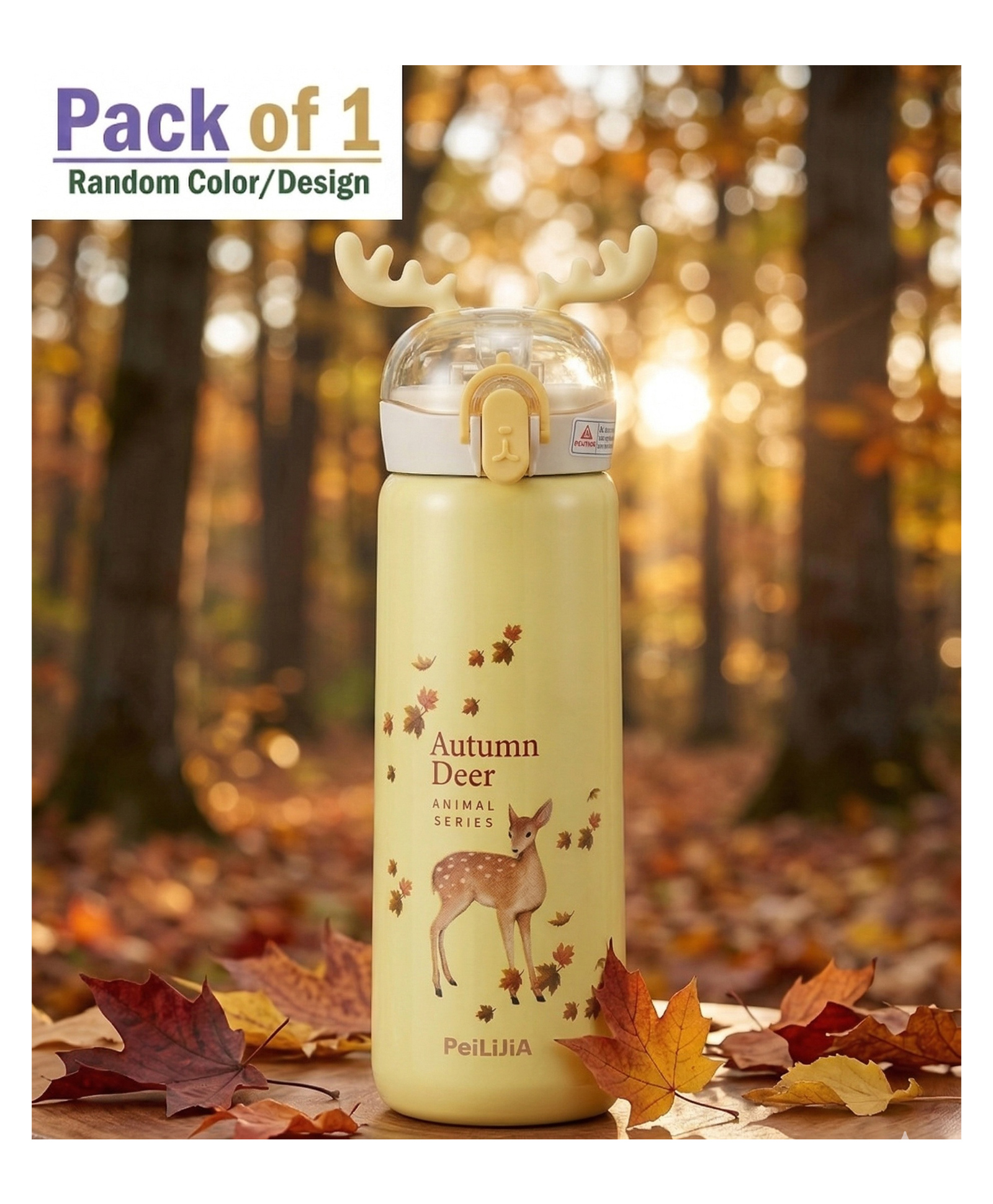 ADKD Cute Deer Printed Stainless Steel Water Bottle for Kids & Adults, Leakproof Insulated Flask Bottle with Straw Lid, BPA Free Thermos Bottle (Pack of 1,Random Color)-picture-1