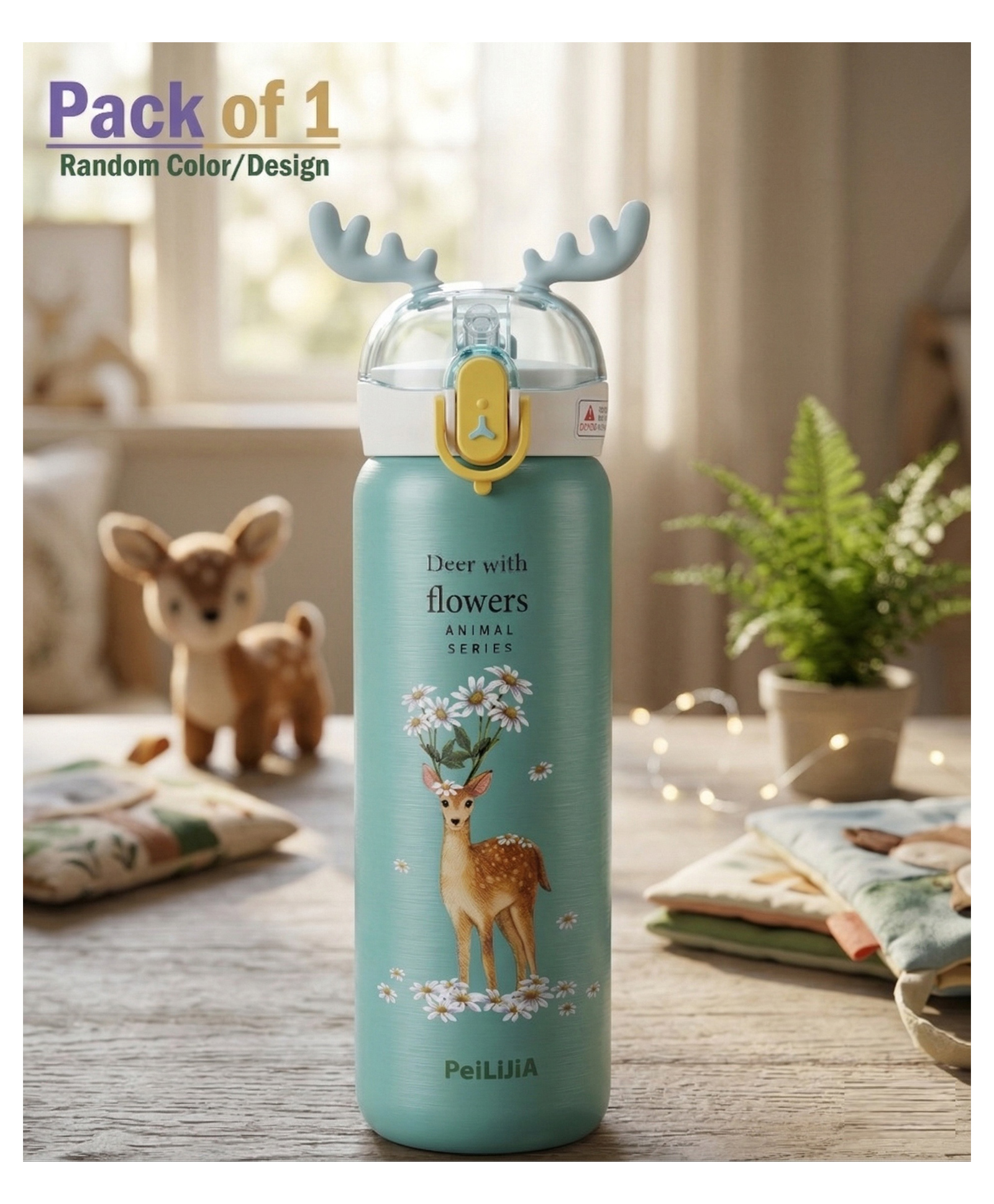 ADKD Cute Deer Printed Stainless Steel Water Bottle for Kids & Adults, Leakproof Insulated Flask Bottle with Straw Lid, BPA Free Thermos Bottle (Pack of 1,Random Color)-picture-5