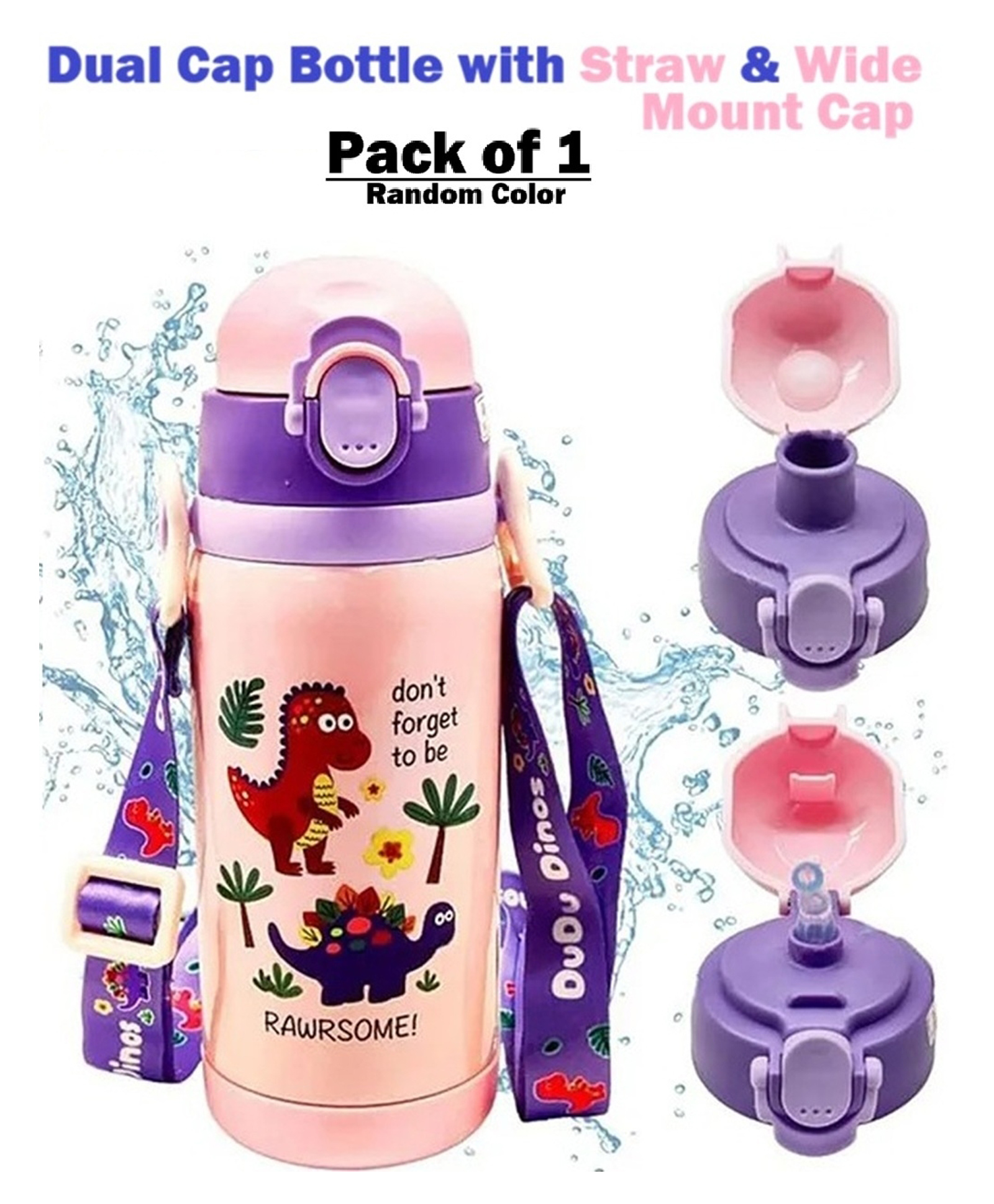ADKD Kids Insulated Stainless Steel Vacuum Water Bottle with Straw Lid & Carry Strap & Dinosaur Print.(Pack of 1,Random Color)-picture-2