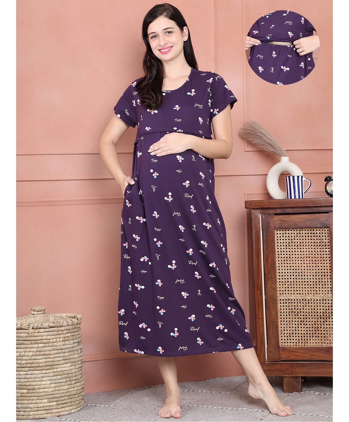 Secret Wish Cotton Blend Knit Half Sleeves Floral Printed Maternity Nighty With Overlap Nursing Access - Purple-picture-36