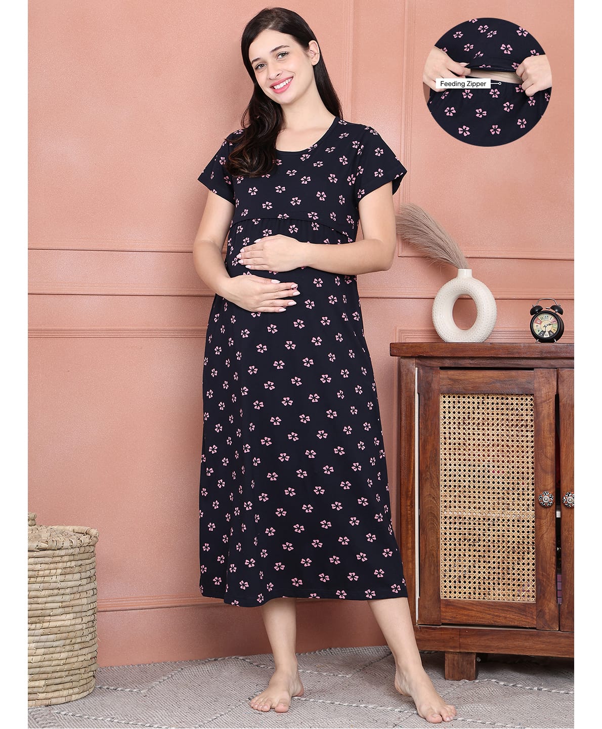 Secret Wish Cotton Blend Woven Half Sleeves Floral Printed Maternity Nighty With Overlap Nursing Access - Navy Blue-picture-31