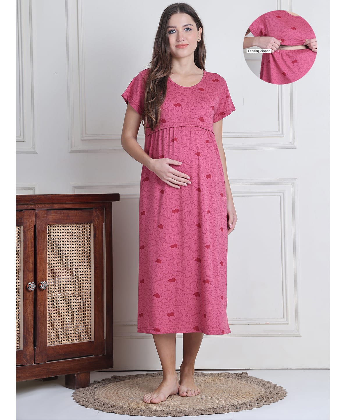Secret Wish Cotton Blend Woven Half Sleeves Hearts Printed Maternity Nighty With Overlap Nursing Access - Pink-picture-26