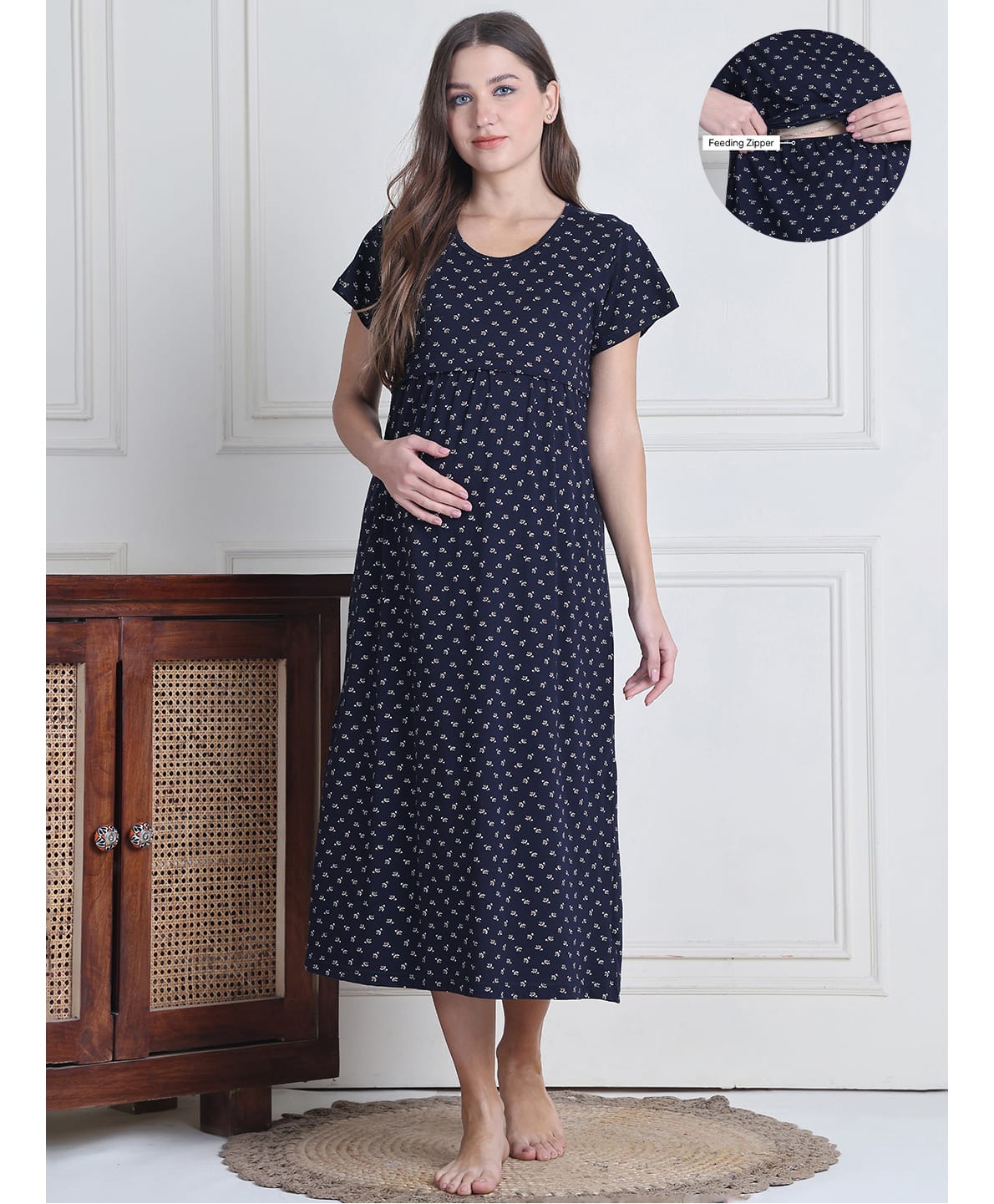Secret Wish Cotton Blend Woven Half Sleeves Floral Printed Maternity Nighty With Overlap Nursing Access - Navy Blue-picture-32