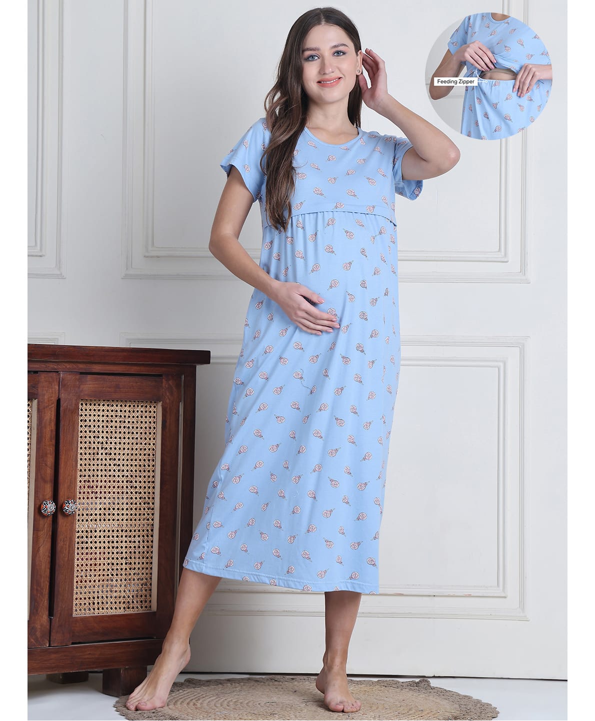 Secret Wish Cotton Blend Woven Half Sleeves Candies Printed Maternity Nighty With Overlap Nursing Access - Sky Blue-picture-22