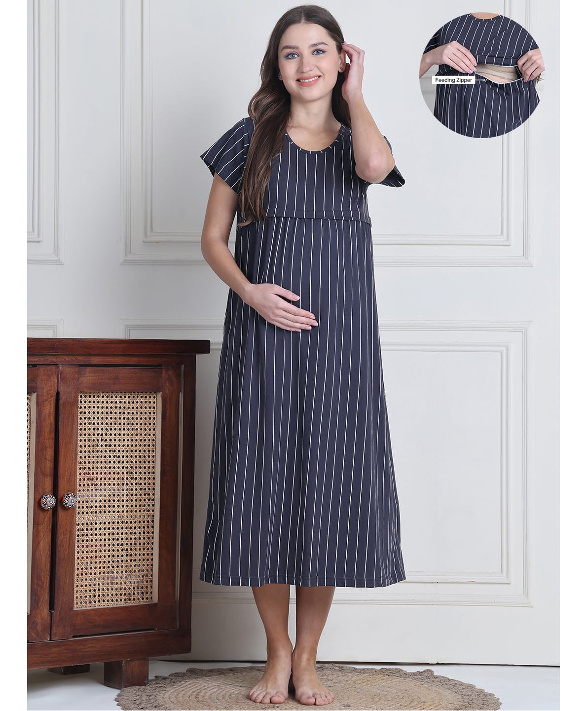 Secret Wish Cotton Blend Woven Half Sleeves Striped Maternity Nighty With Overlap Nursing Access - Grey-picture-23