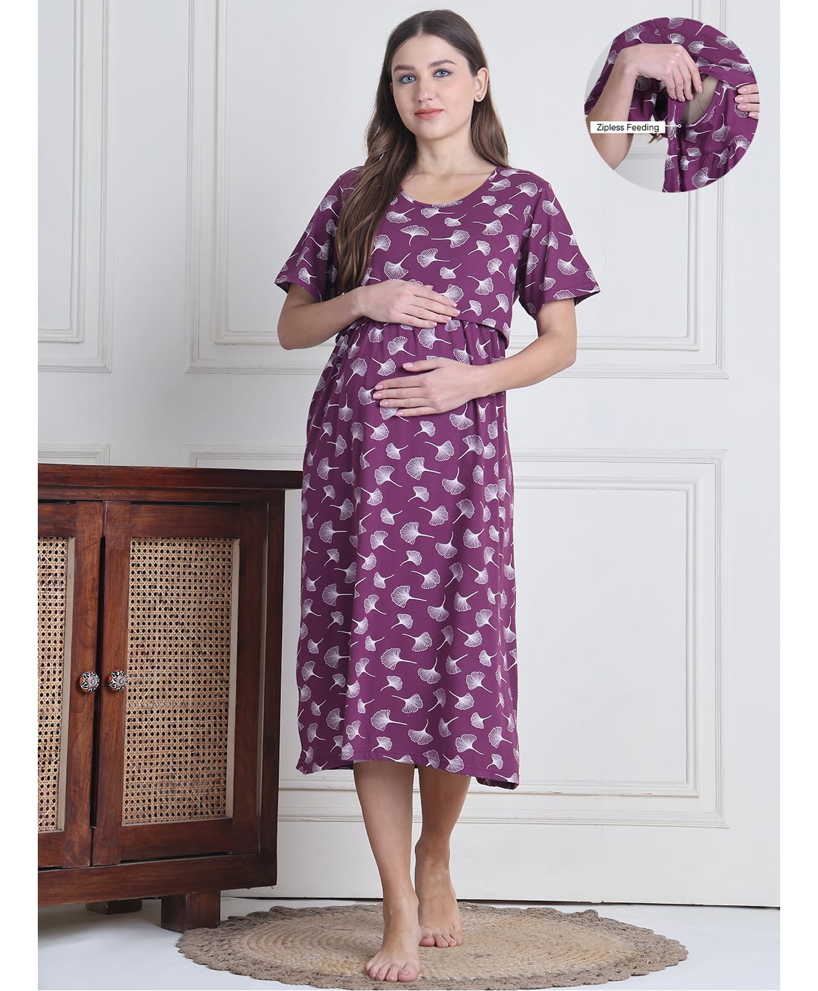 Secret Wish Cotton Blend Woven Half Sleeves Floral Printed Maternity Nighty With Overlap Nursing Access - Purple-picture-28