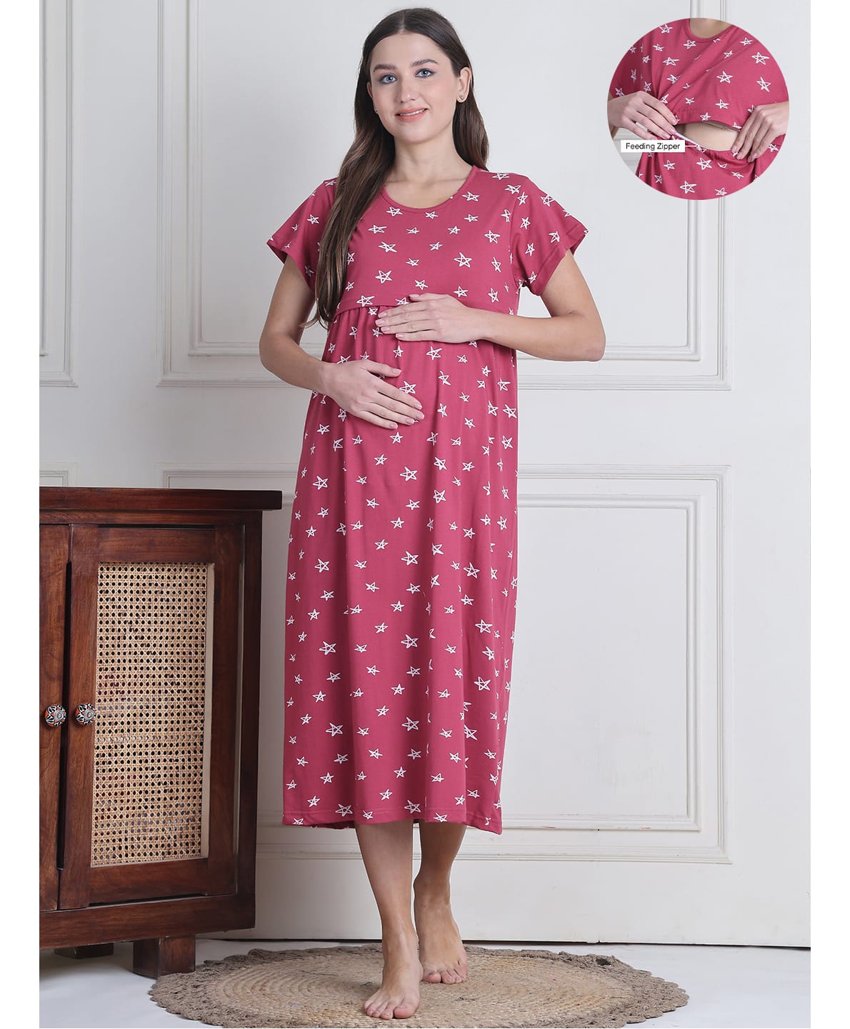 Secret Wish Cotton Blend Woven Half Sleeves Stars Printed Maternity Nighty With Overlap Nursing Access - Pink-picture-24