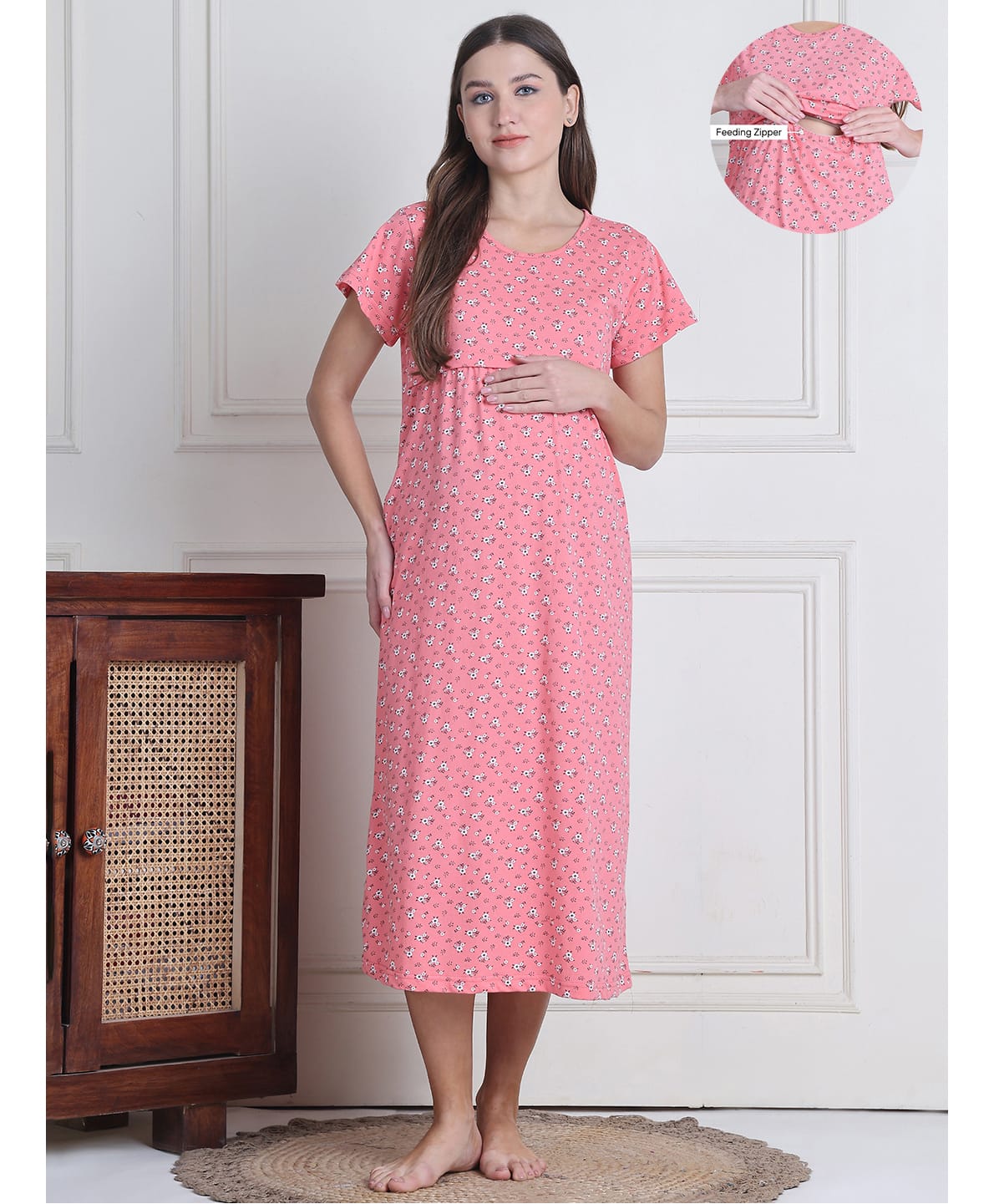 Secret Wish Cotton Blend Woven Half Sleeves Floral Printed Maternity Nighty With Overlap Nursing Access - Pink-picture-29