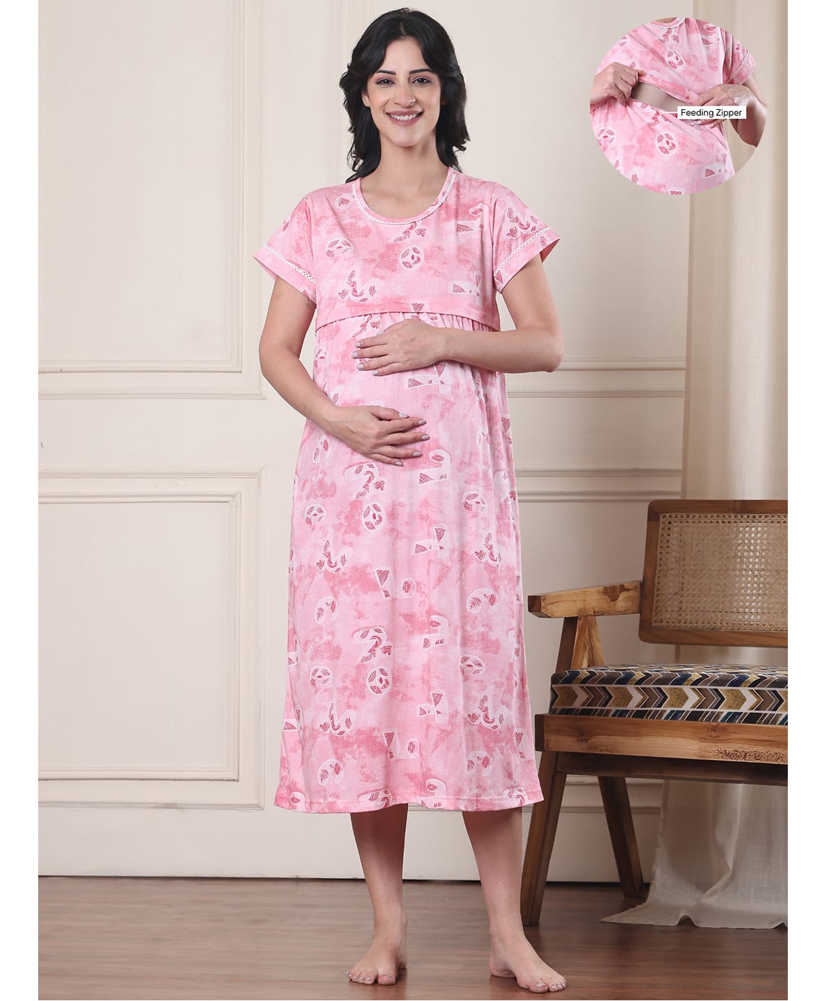 Secret Wish Cotton Blend Woven Half Sleeves Abstract Printed Maternity Nighty With Overlap Nursing Access - Pink-picture-25