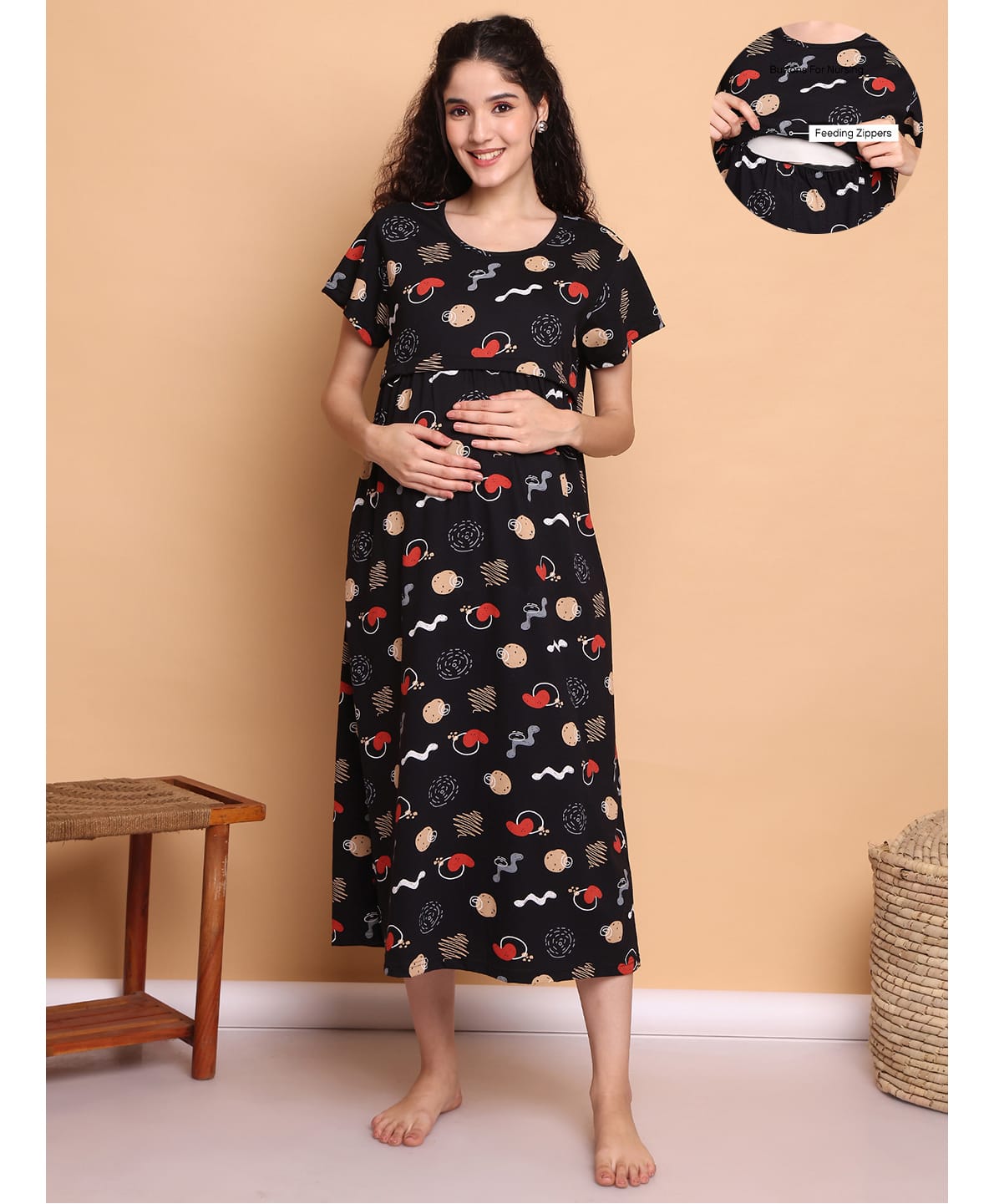 Secret Wish Cotton Blend Woven Half Sleeves Hearts Printed Maternity Nighty With Overlap Nursing Access - Black-picture-30