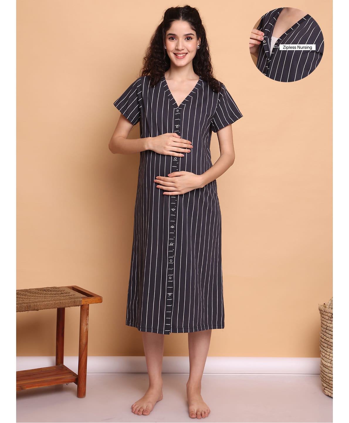 Secret Wish Cotton Blend Woven Half Sleeves Striped Maternity Nighty With Overlap Nursing Access - Black-picture-27
