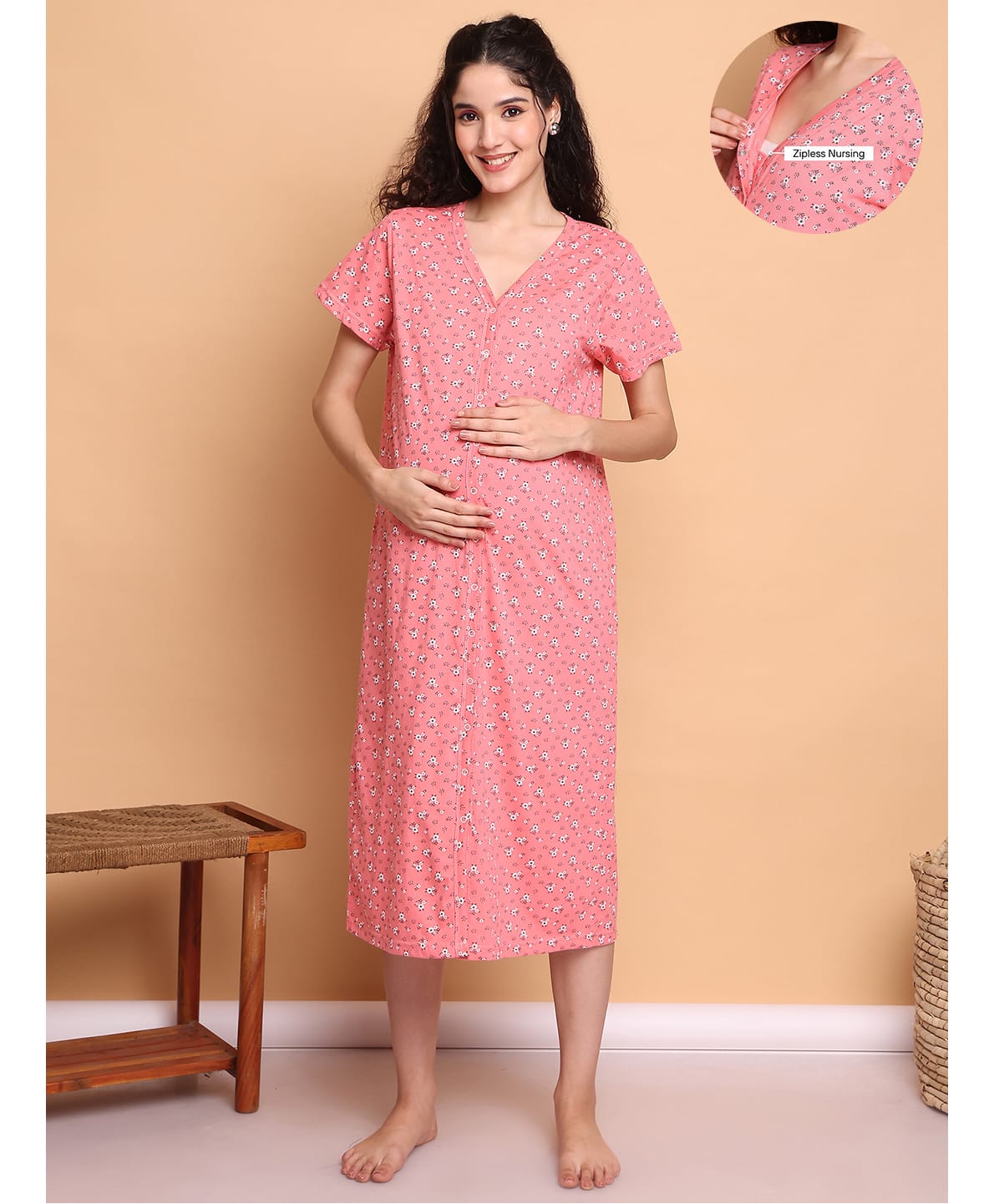 Secret Wish Cotton Blend Knit Half Sleeves Floral Printed Maternity Nighty With Front Open Nursing Access - Pink-picture-34