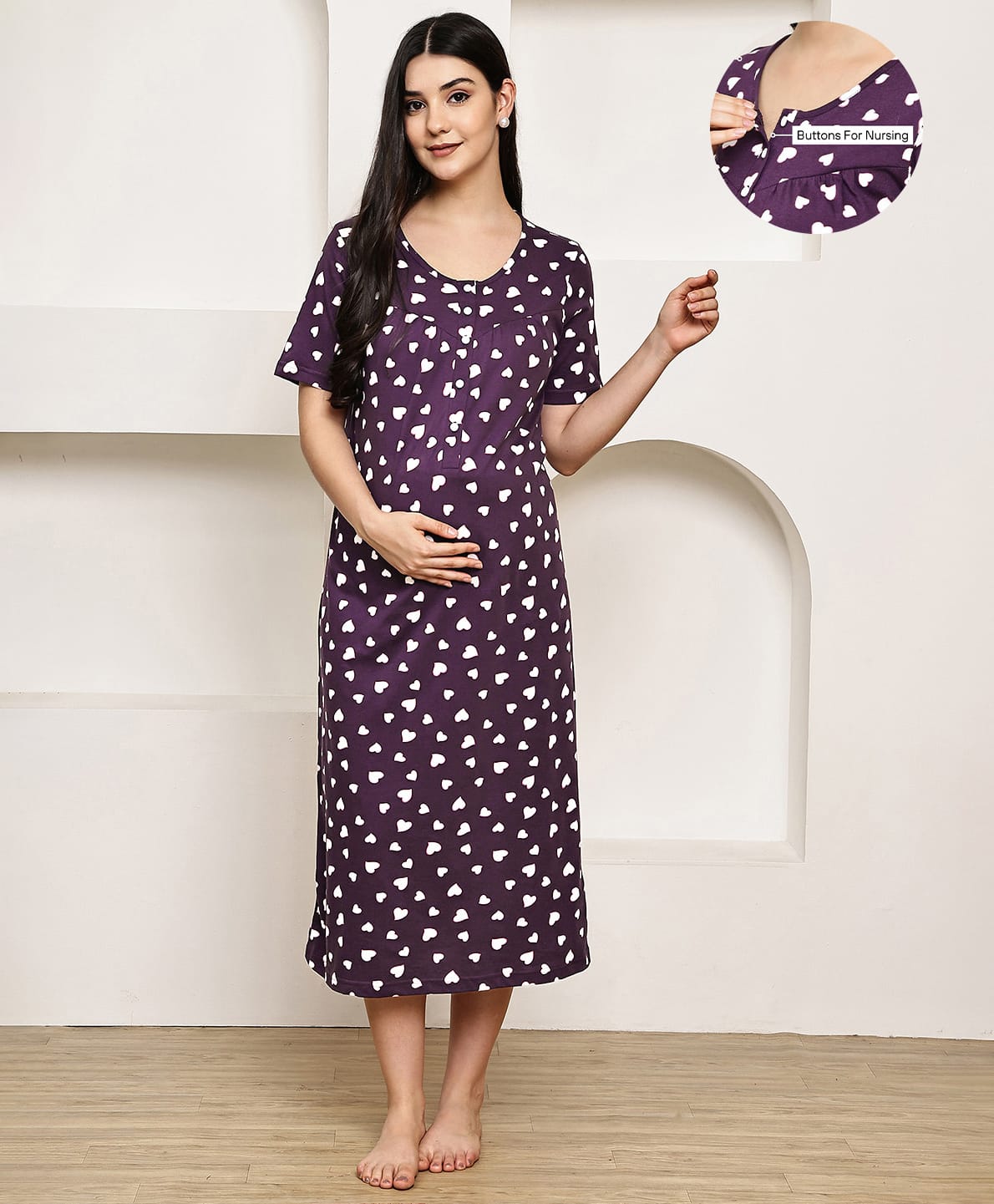 Secret Wish Cotton Blend Knit Half Sleeves Hearts Printed Maternity Nighty With Front Open Nursing Access - Violet-picture-29