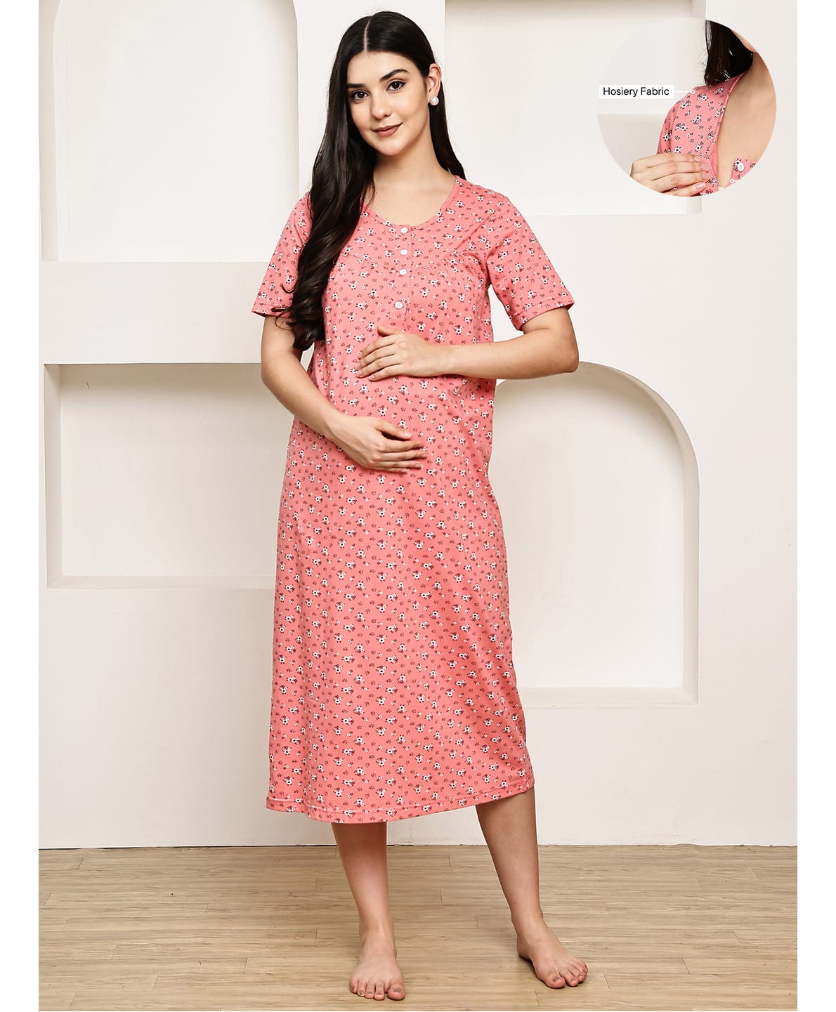 Secret Wish Cotton Blend Knit Half Sleeves Floral Printed Maternity Nighty With Front Open Nursing Access - Pink-picture-35