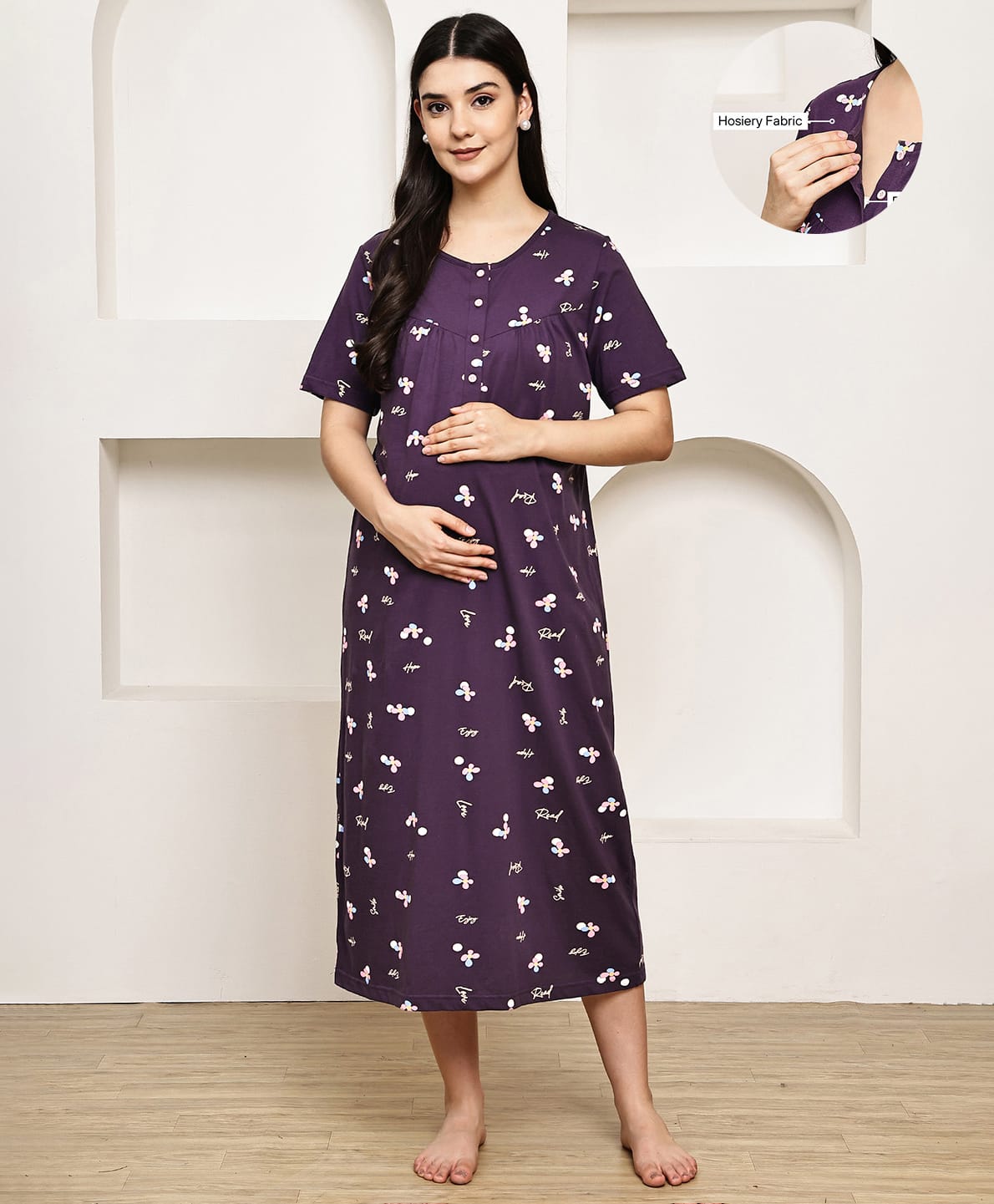 Secret Wish Cotton Blend Knit Half Sleeves Floral Printed Maternity Nighty With Front Open Nursing Access - Purple-picture-32