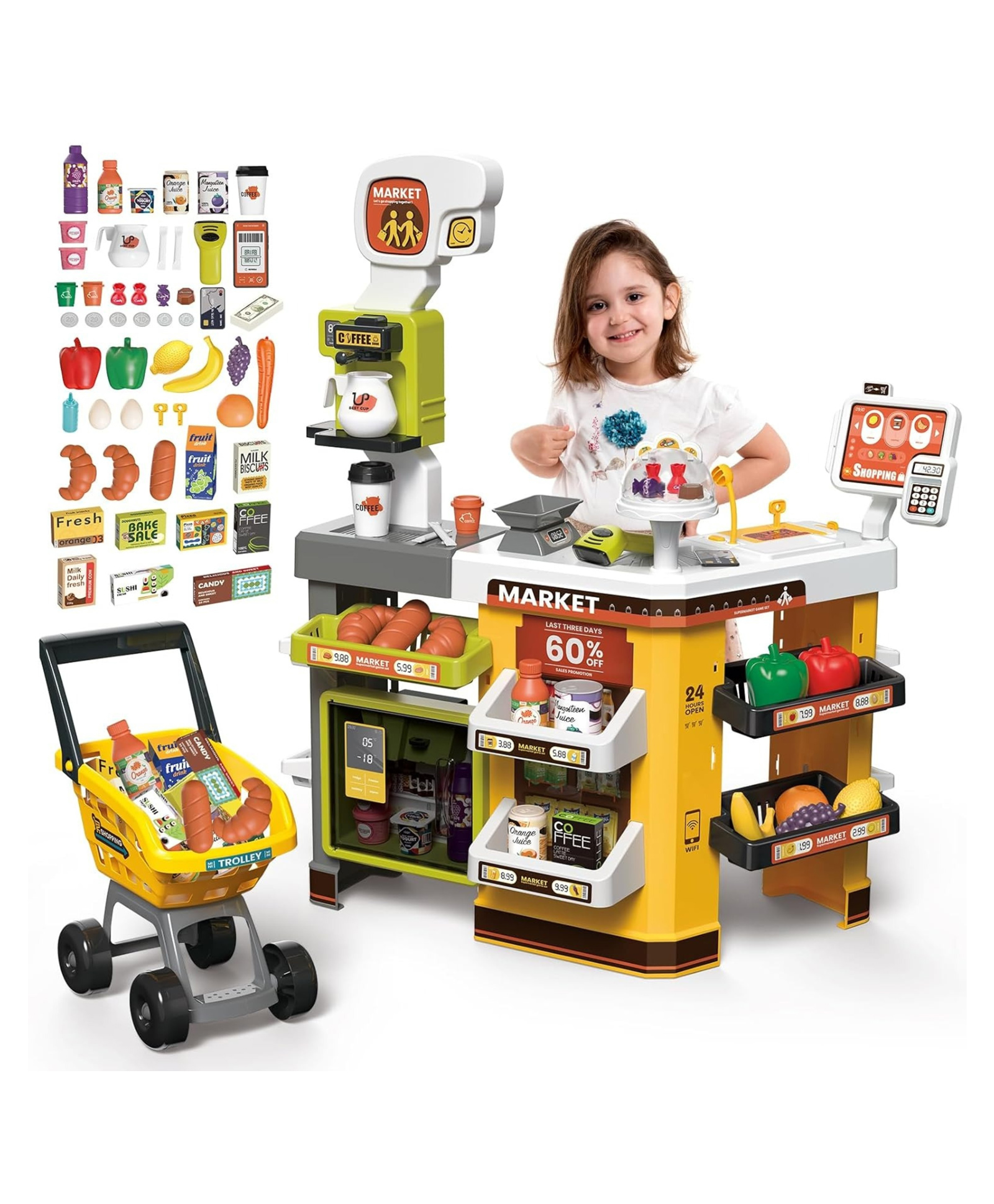 Lumo Brilliant Toys Kids Supermarket Cash Register Toy Set with Shopping Cart & 65 Accessories, Pretend Play Grocery Store Set, Learning & Educational Toy for Kids Age 3+ Years Multicolor-picture-18