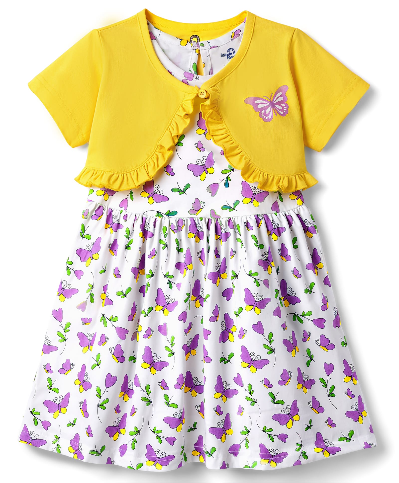 Doodle Poodle Cotton Woven Frock with Shrug Half Sleeves Printed Yellow 3-6 Months-image-3