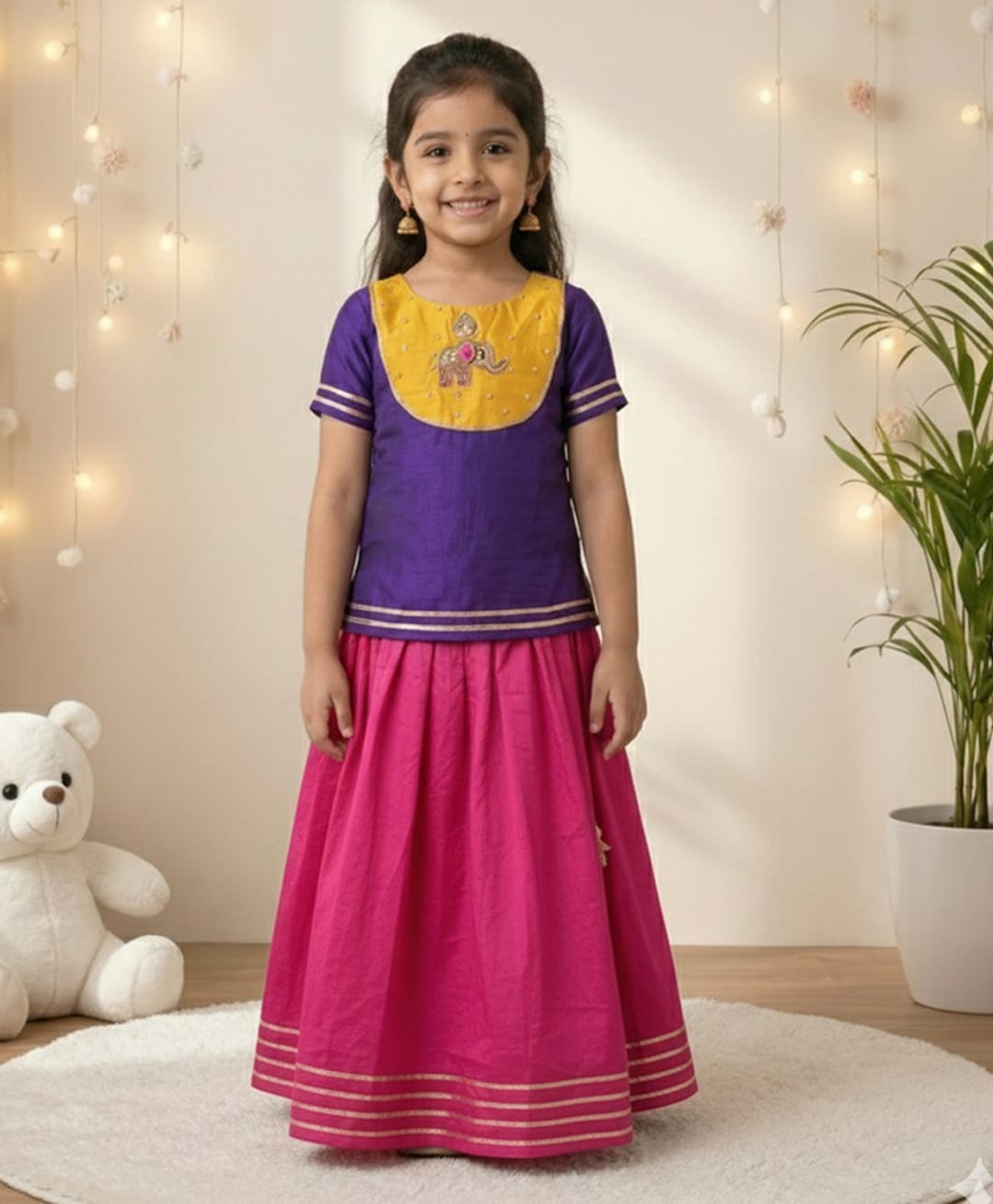 Jilmil Cotton Blend Woven Half Sleeves Elephant Embroidered Stones & Gota Lace Embellished Lehenga Choli Set - Purple-picture-15