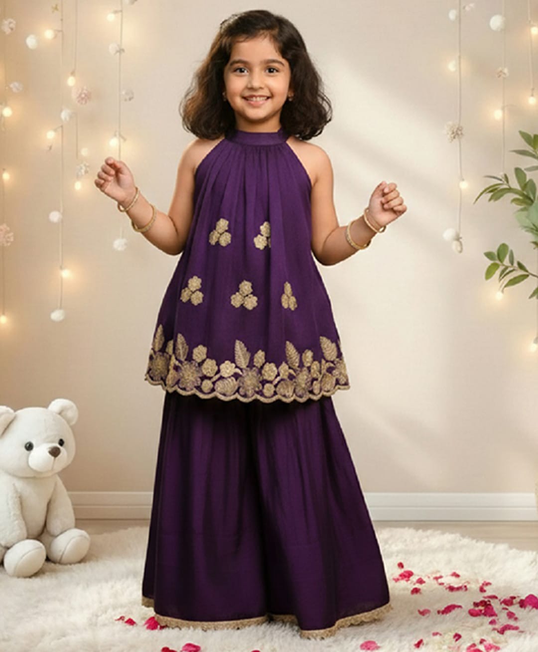 Jilmil Silk Knit Sleeveless Floral Embroidered Halter Neck Kurti & Palazzo Set - Purple-picture-16