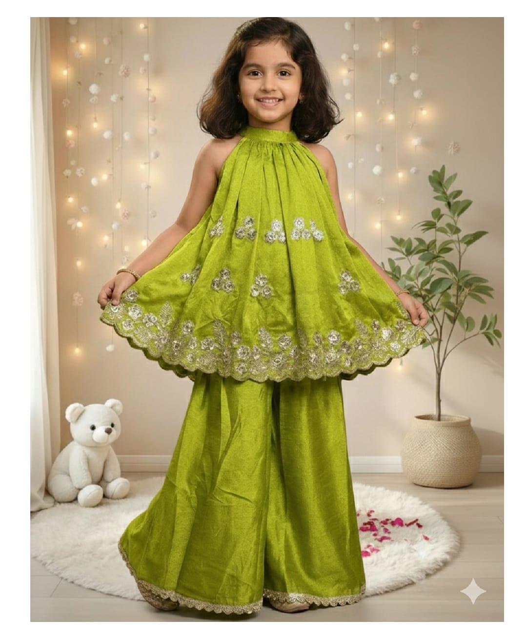 Jilmil Silk Knit Sleeveless Floral Embroidered Halter Neck Kurti & Palazzo Set- Green-picture-20