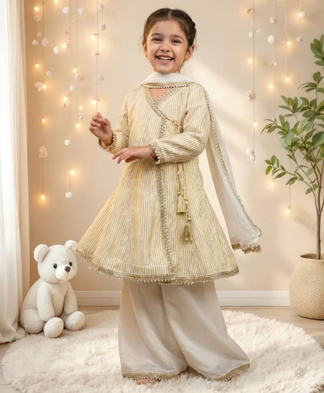 Jilmil Georgette Knit Full Sleeves Striped & Tassels Detailed Kurti & Salwar With Dupatta Set - Off White-picture-12