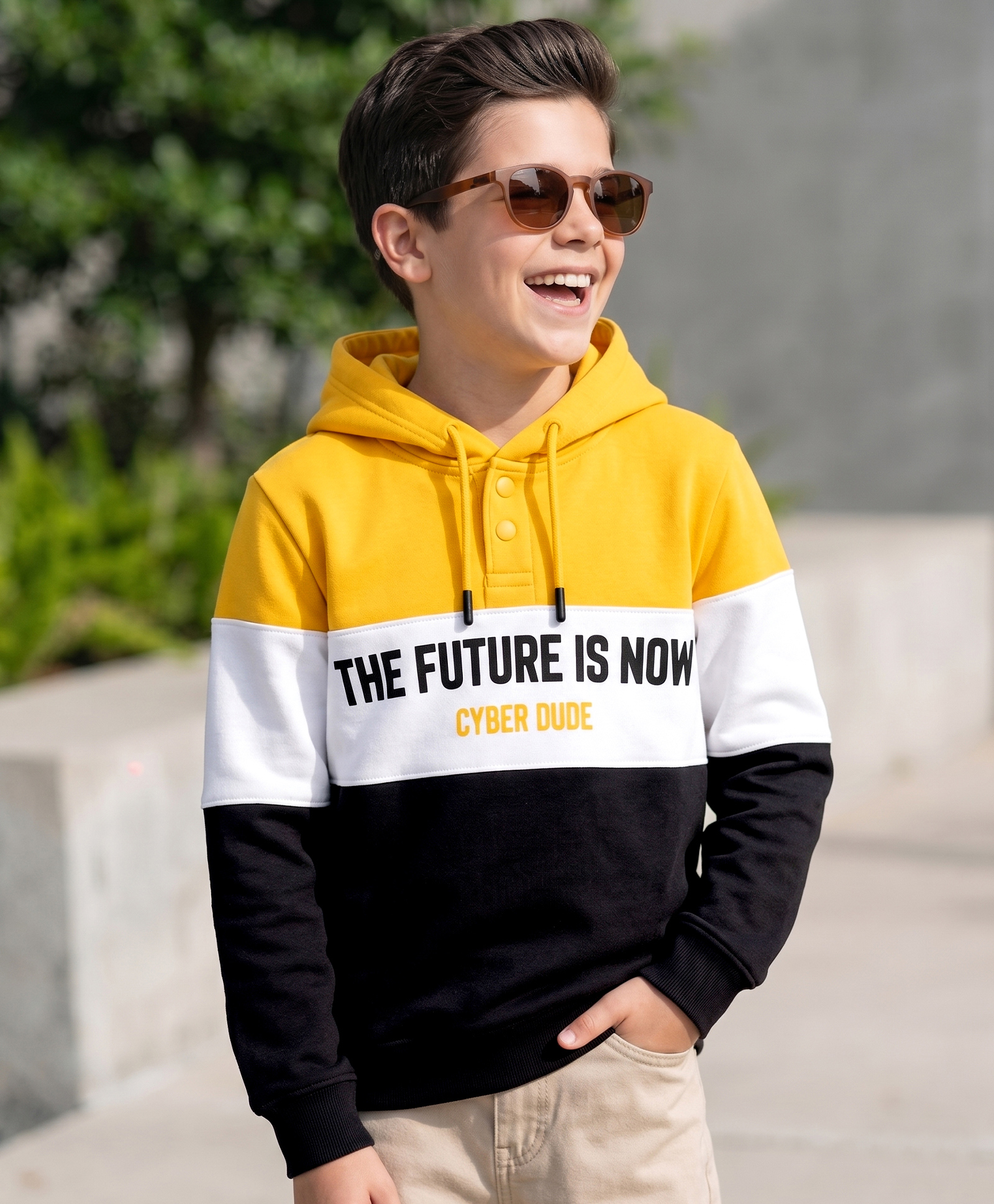 Pine Kids 100% Cotton Knit Full Sleeves Text Printed Hooded Sweatshirt - Yellow Black & White-image-46