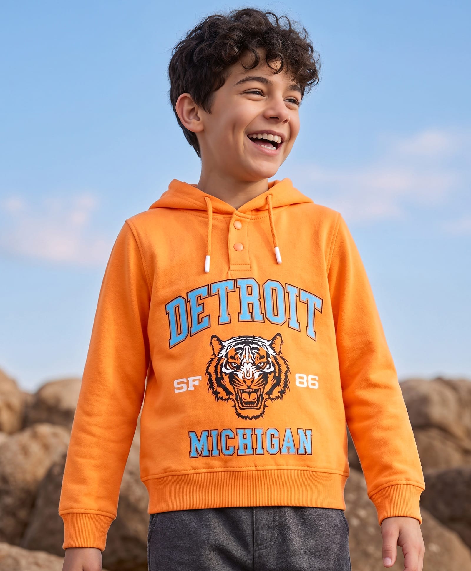 Pine Kids Cotton Knit Hooded Sweatshirt with Graphic Print Orange 5-6 Years-image-4