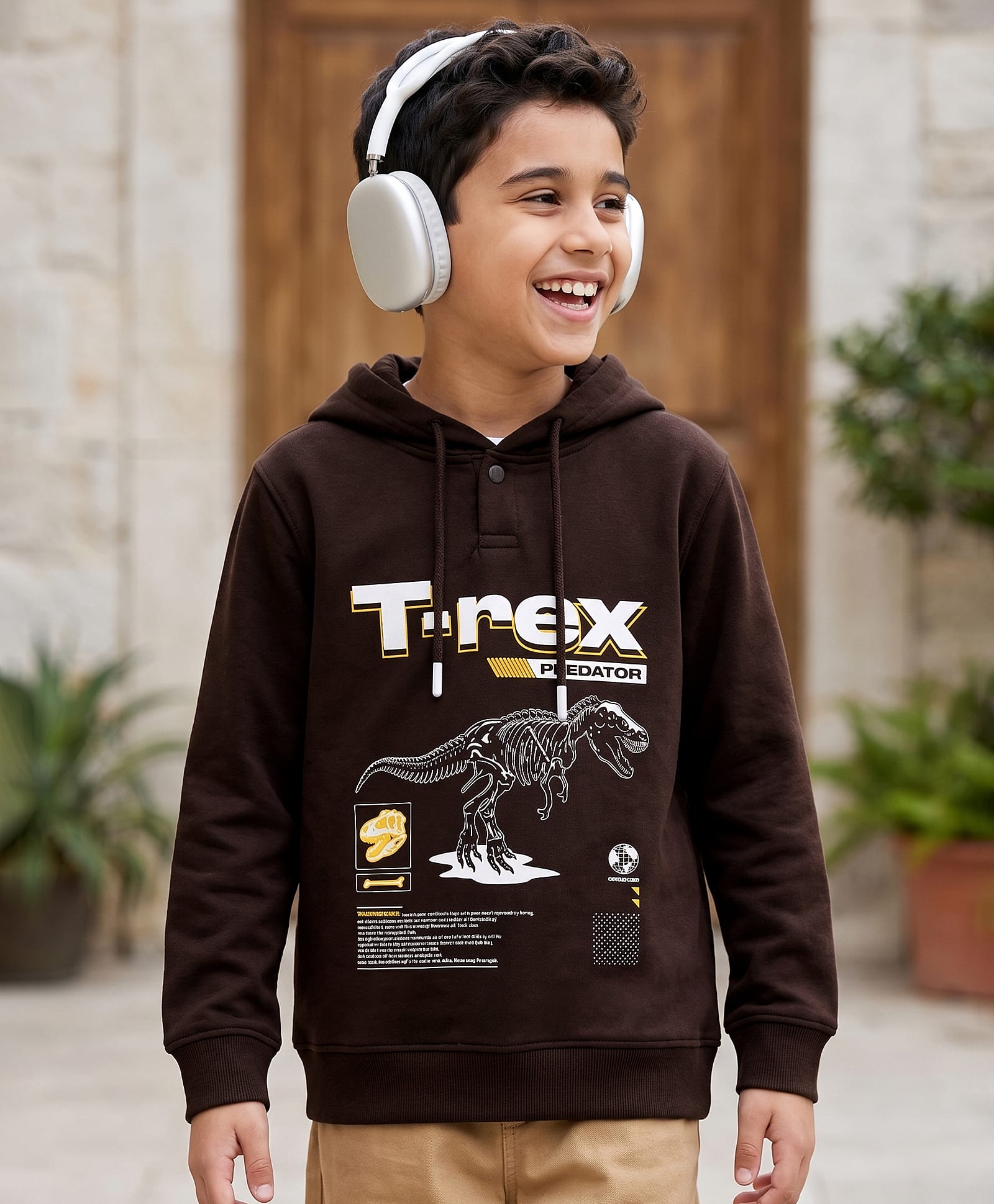 Pine Kids Cotton Knit Hooded Sweatshirt T-Rex Print Brown 7-8 Years-picture-41