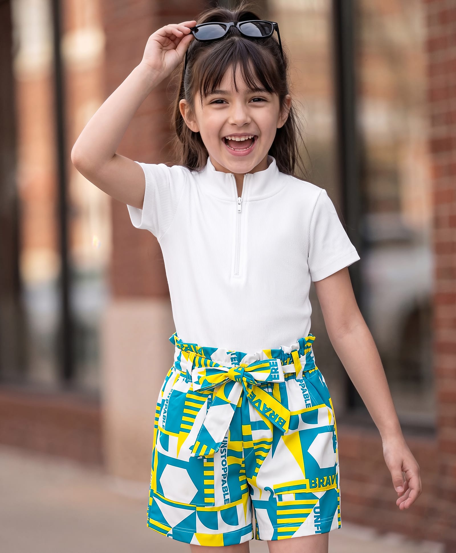OLLINGTON ST. Cotton Knit Half Sleeve Rib Top & Printed Shorts Set -White & Multicolour-image-38