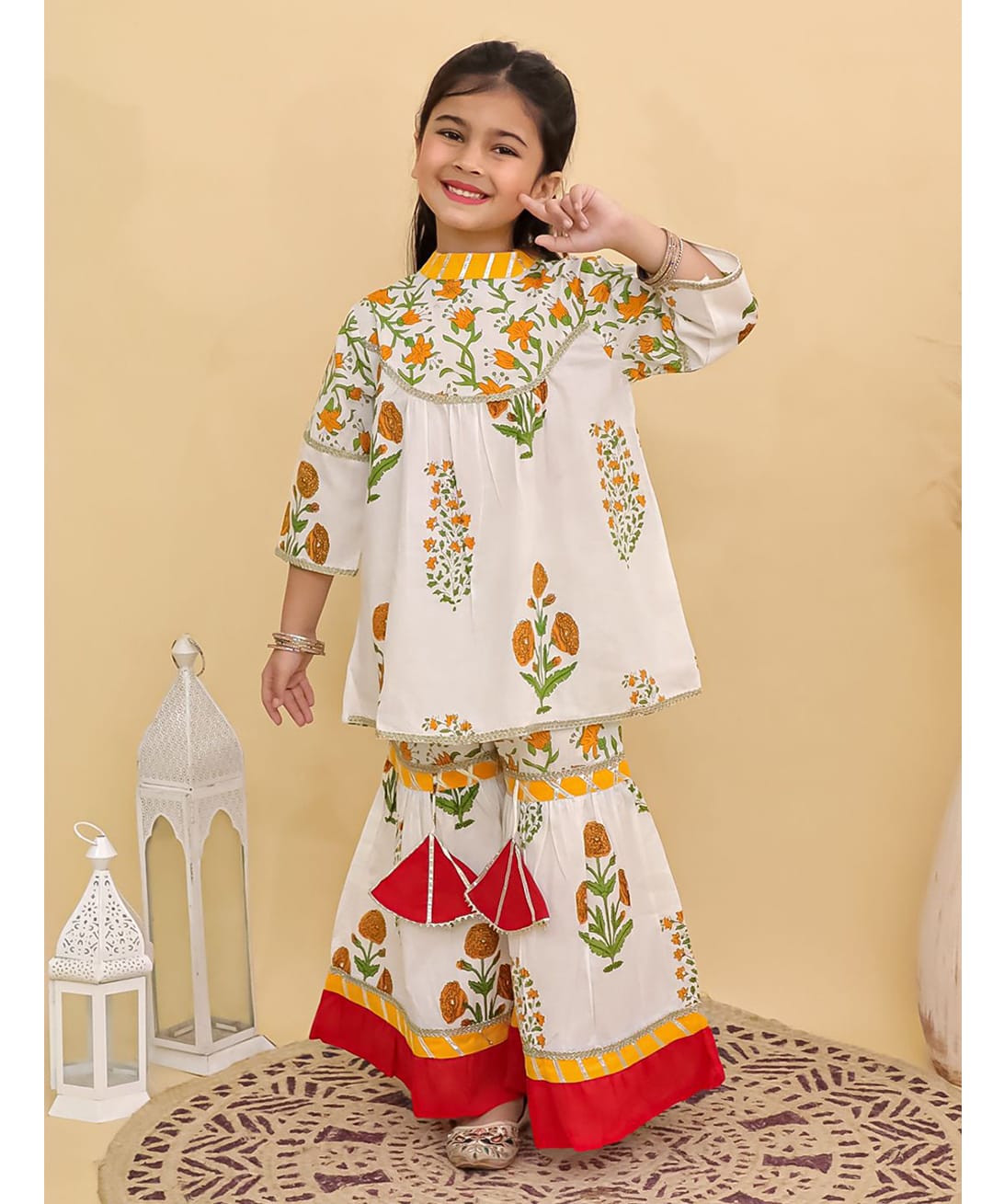 Jilmil Cotton Woven Three Fourth Sleeves Floral Printed Kurti & Palazzo Set - White & Orange-picture-16