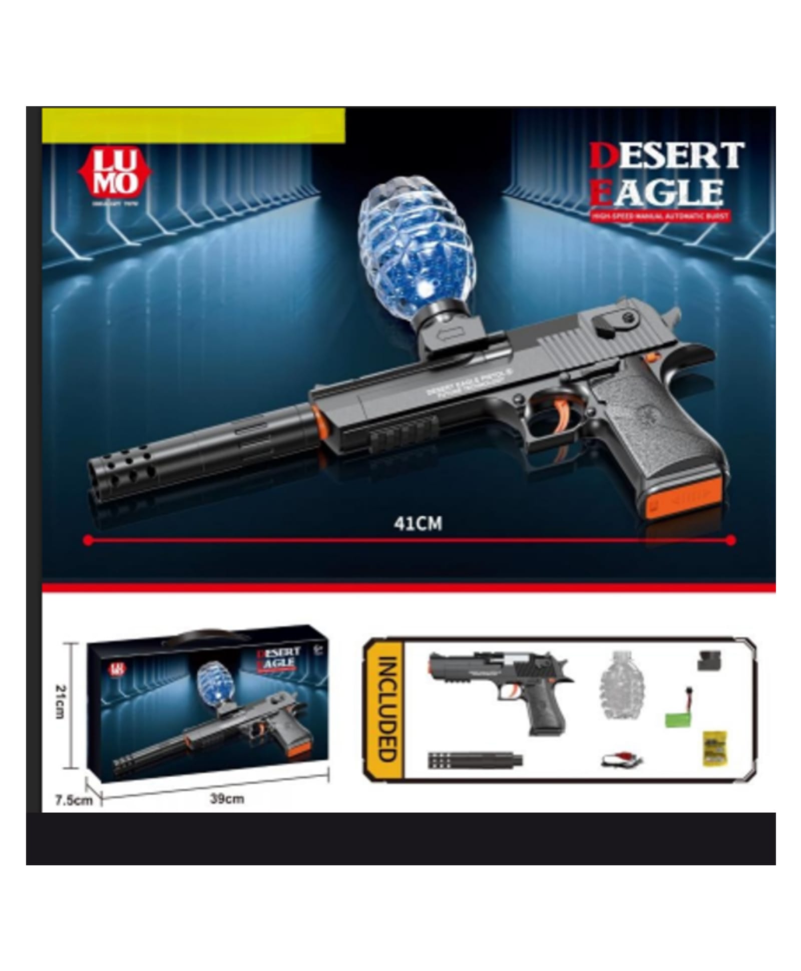 Lumo Brilliant Toys Electric Gel Ball Blaster Toy Gun With Flashlight & Silencer, Desert Eagle Style Water Bomb Gel Blaster Pistol with Rechargeable Battery, USB Charging, Safety Goggles & Gel Balls-image-42